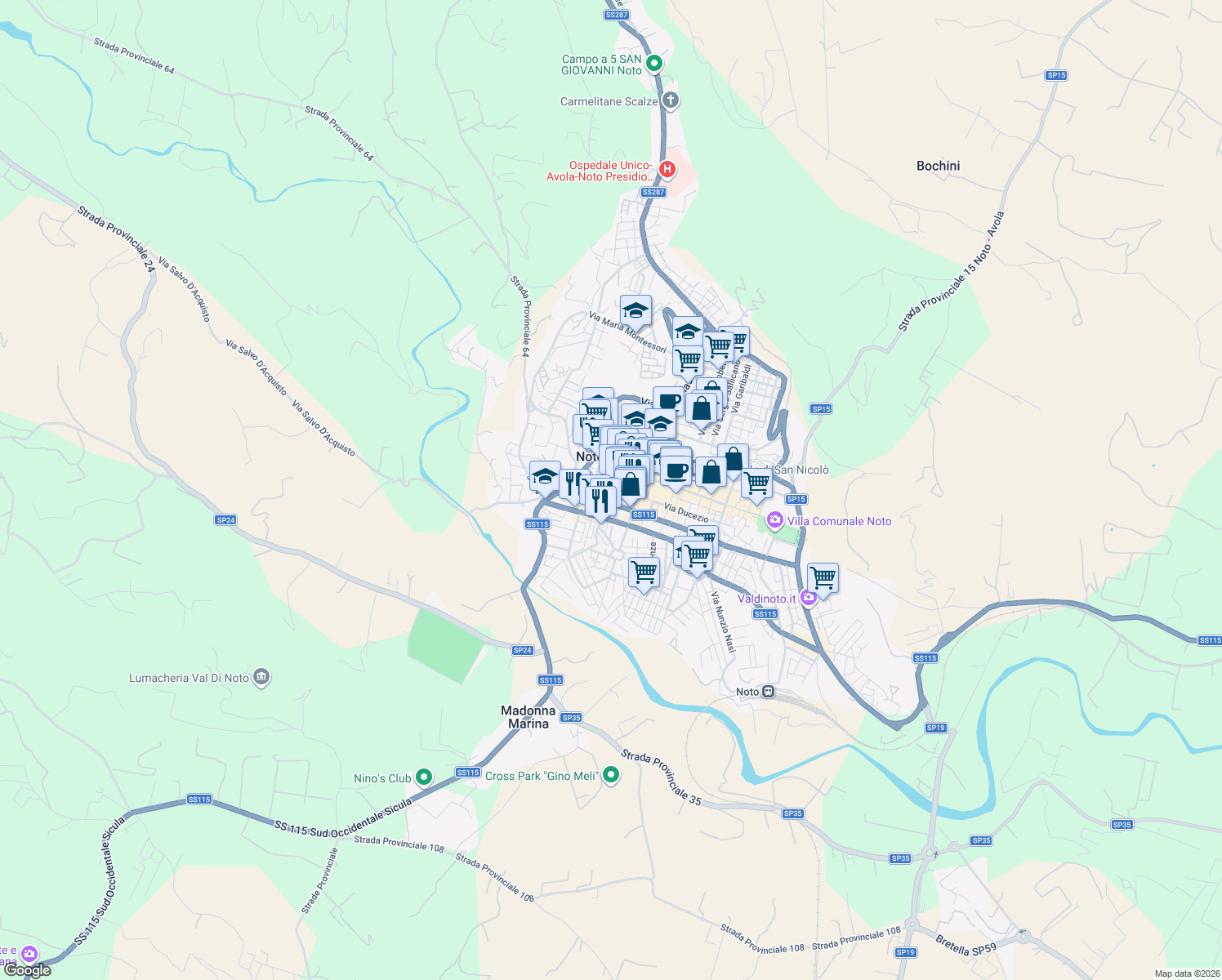 map of restaurants, bars, coffee shops, grocery stores, and more near Via Ruggero II in Motta Sant'Anastasia