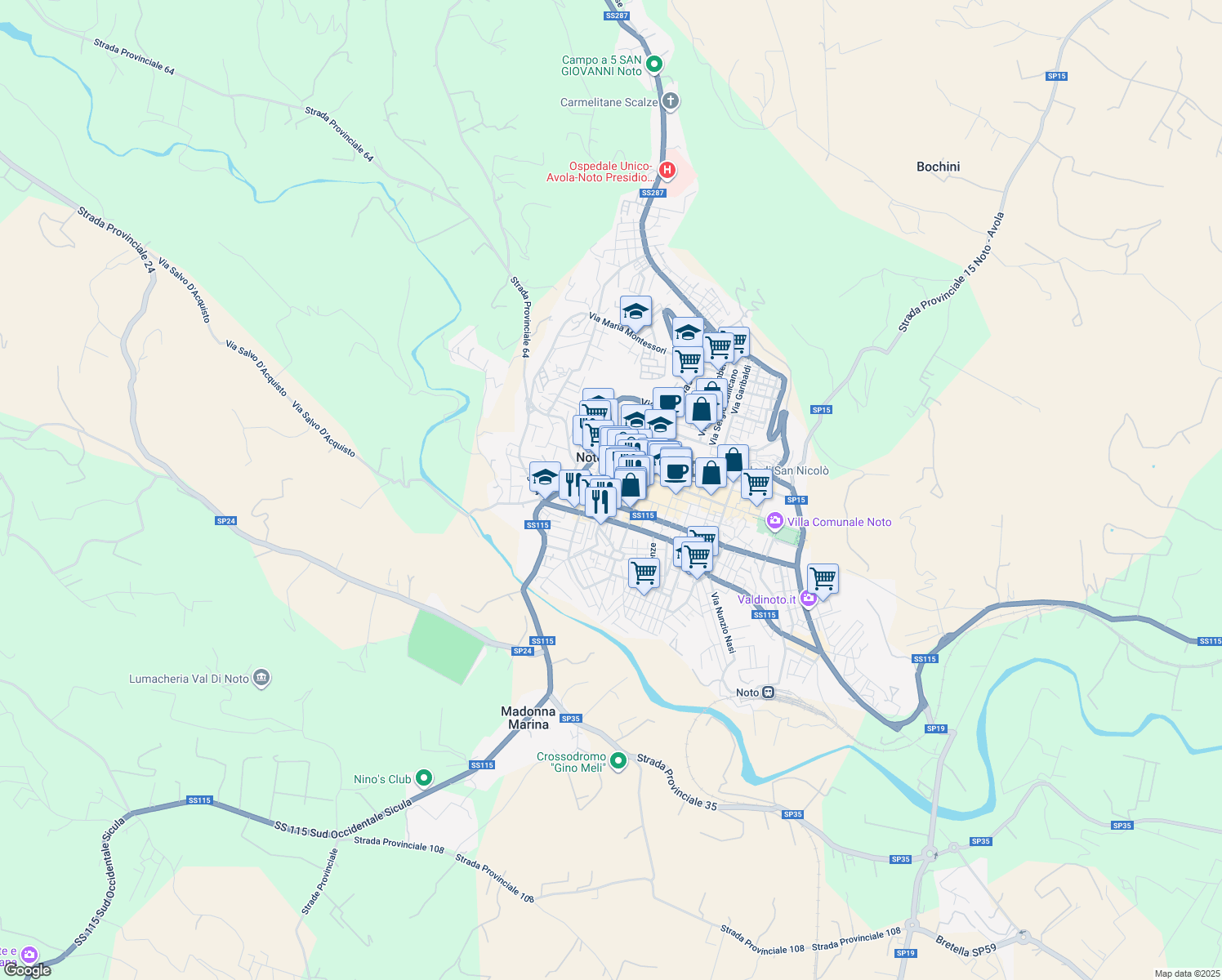 map of restaurants, bars, coffee shops, grocery stores, and more near 22 Vico Curtatone in Noto