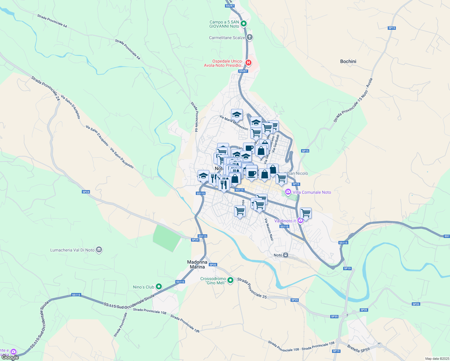 map of restaurants, bars, coffee shops, grocery stores, and more near 22 Vico Curtatone in Noto
