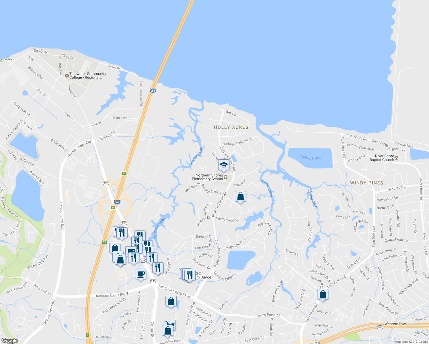 map of restaurants, bars, coffee shops, grocery stores, and more near 6426 Aberdeen Place in Suffolk