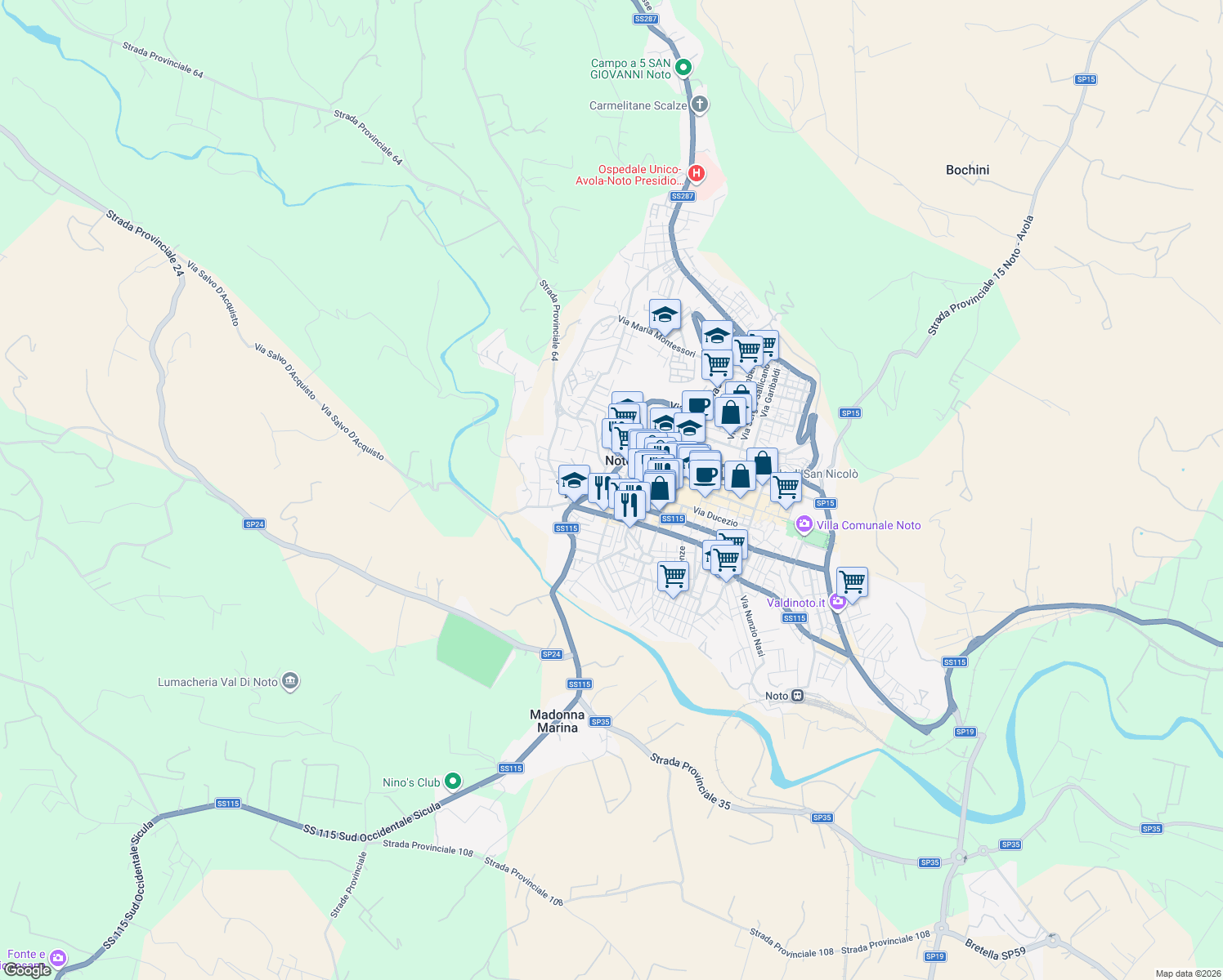 map of restaurants, bars, coffee shops, grocery stores, and more near 32 Via Giovanni Aurispa in Noto