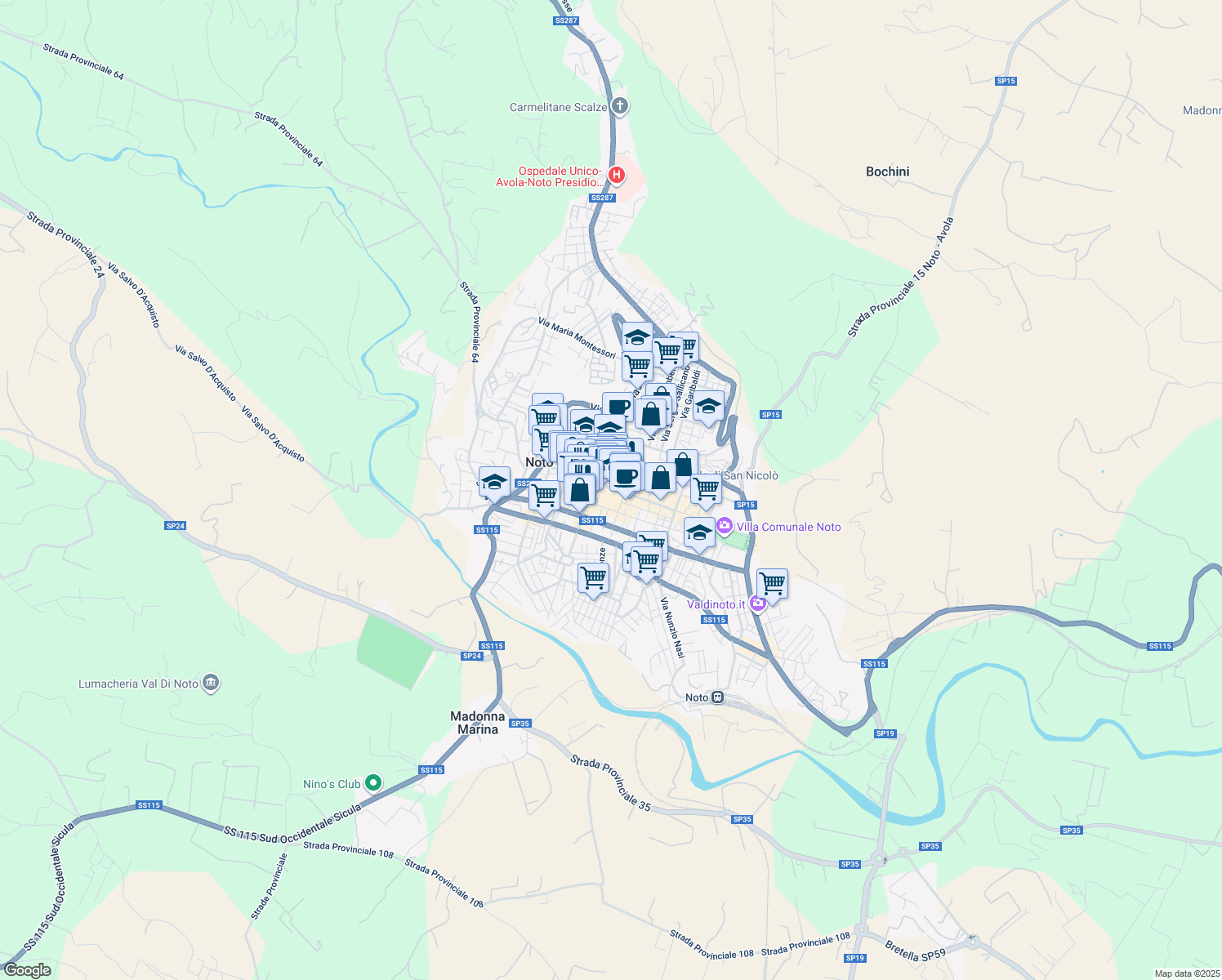 map of restaurants, bars, coffee shops, grocery stores, and more near 1 Piazza XVI Maggio in Noto