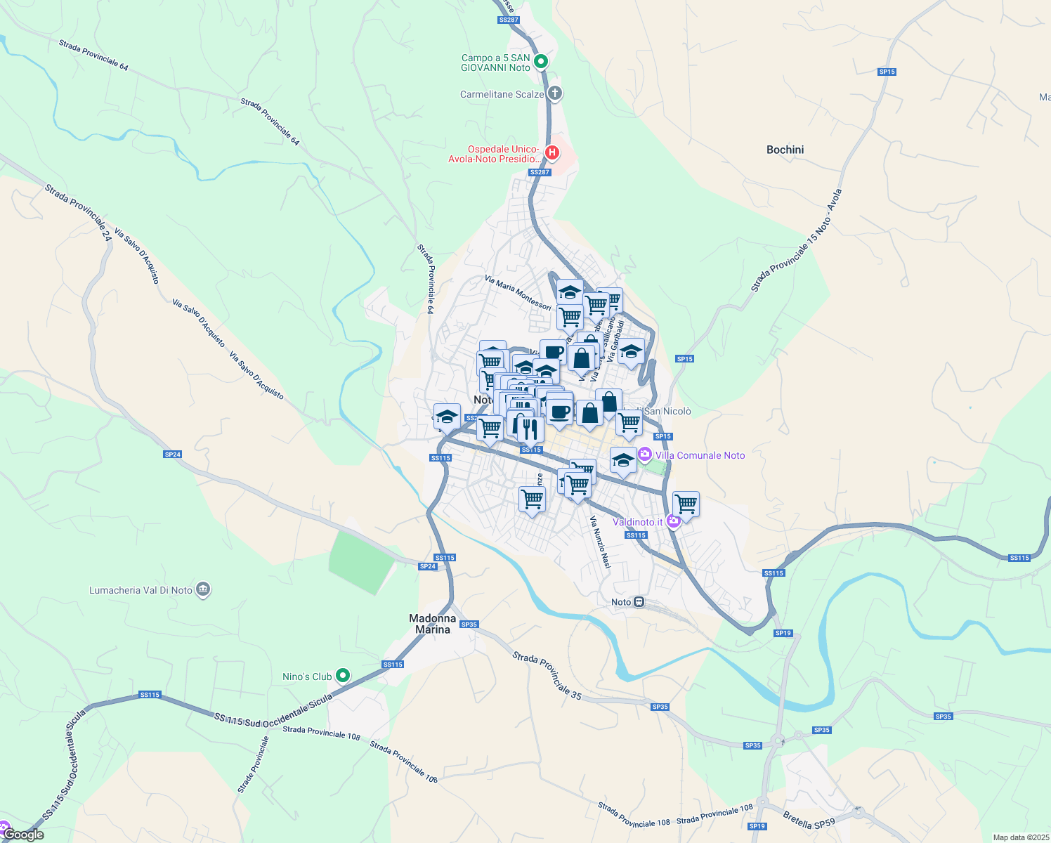 map of restaurants, bars, coffee shops, grocery stores, and more near 6 Vico Salonia in Noto