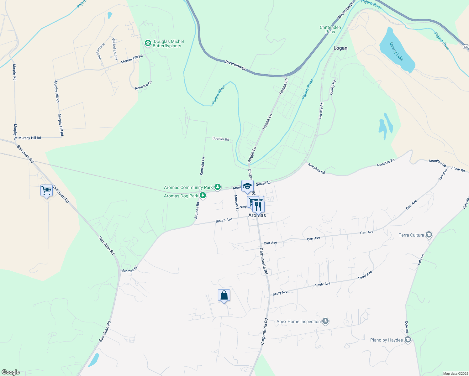 map of restaurants, bars, coffee shops, grocery stores, and more near 2 Aromas Rd in Aromas