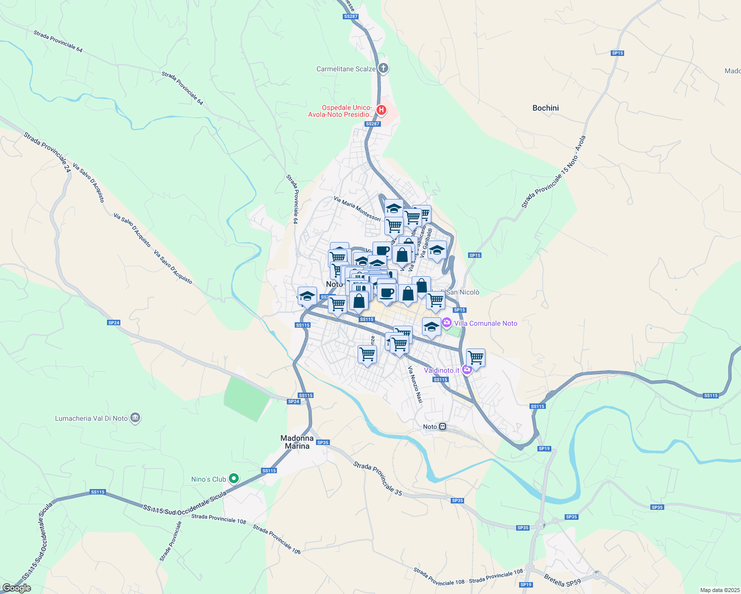 map of restaurants, bars, coffee shops, grocery stores, and more near 1 Piazza XVI Maggio in Noto