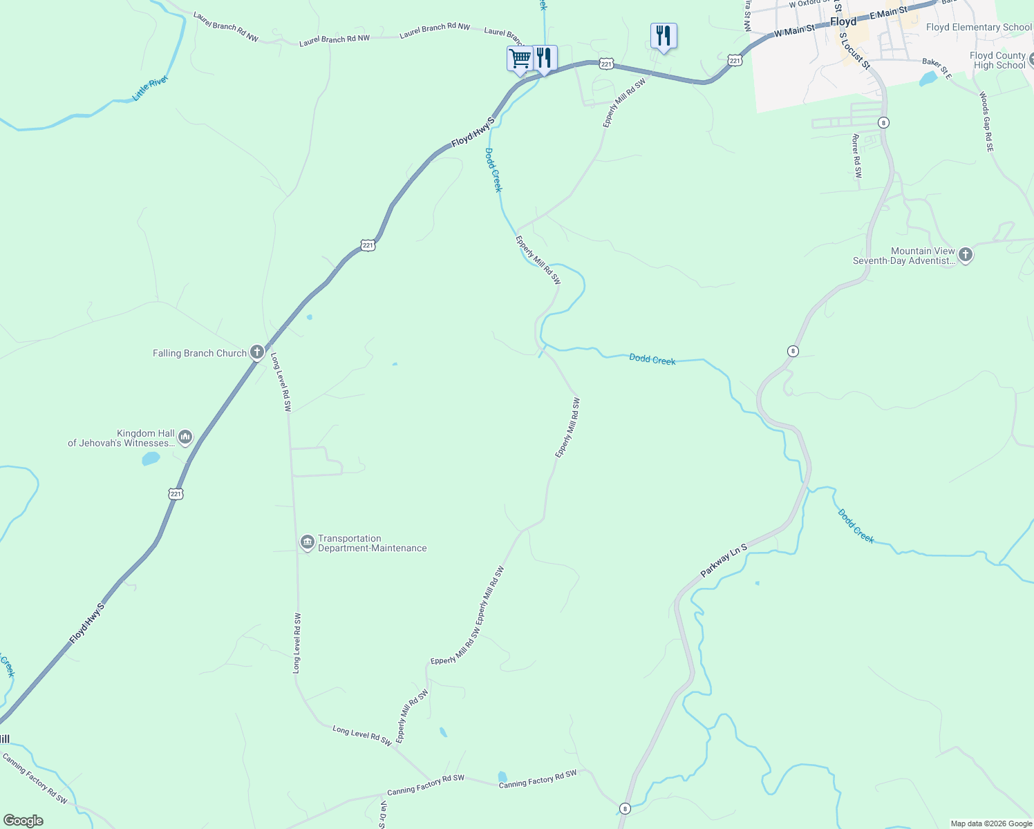 map of restaurants, bars, coffee shops, grocery stores, and more near in Floyd