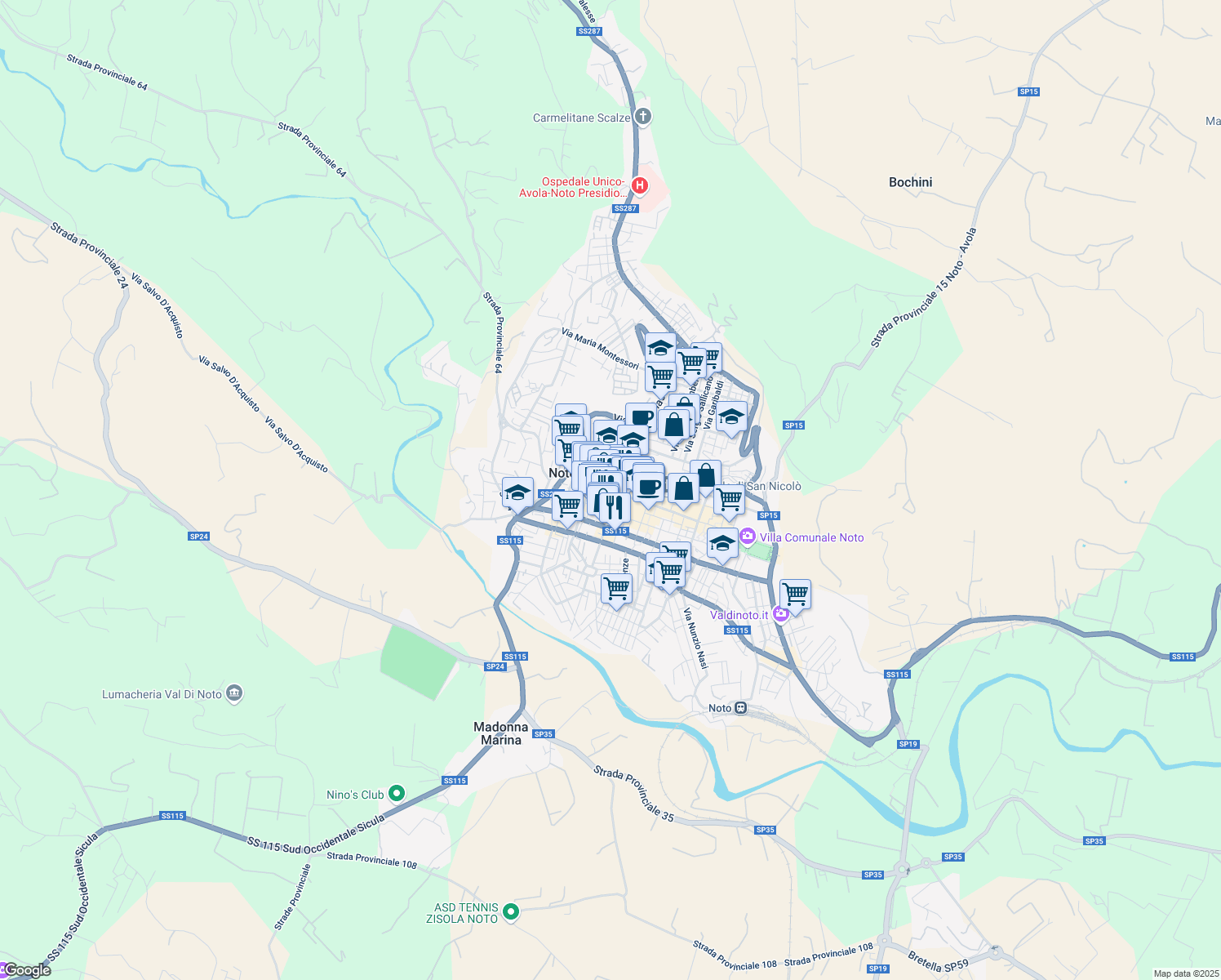 map of restaurants, bars, coffee shops, grocery stores, and more near 15 Via Ducezio in Noto