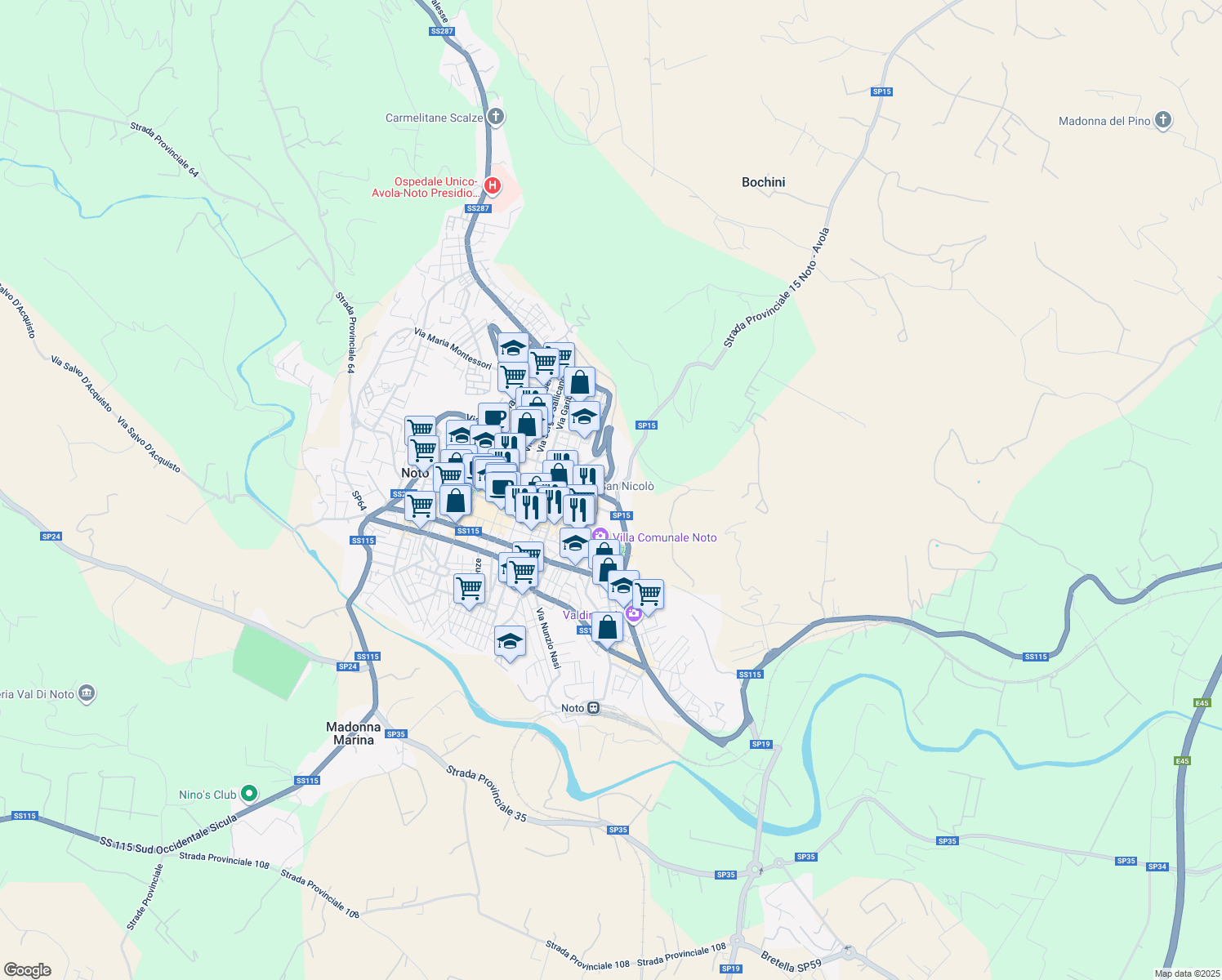 map of restaurants, bars, coffee shops, grocery stores, and more near 135 Via Camillo Benso Conte di Cavour in Noto