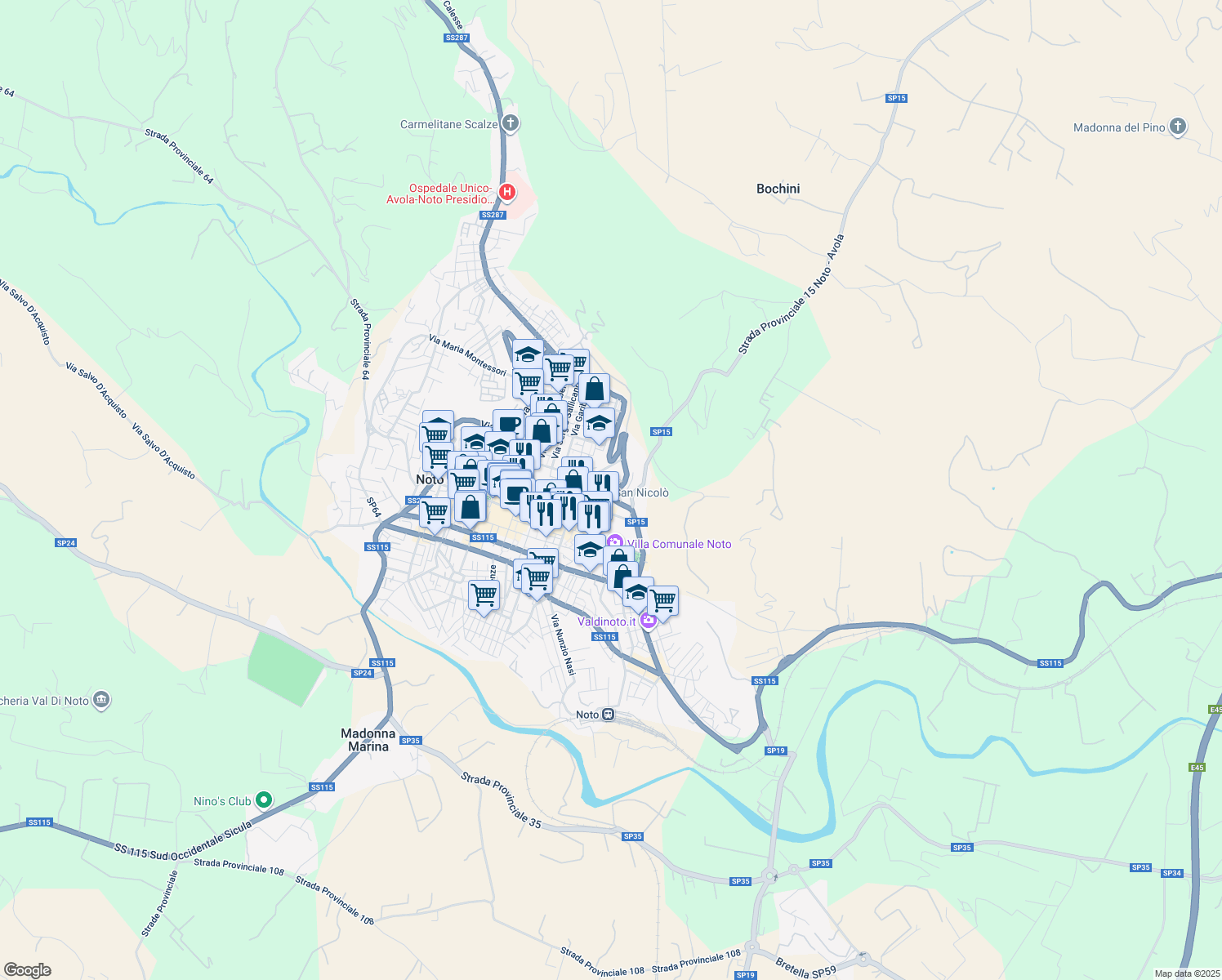 map of restaurants, bars, coffee shops, grocery stores, and more near Via Rapisardi in Noto