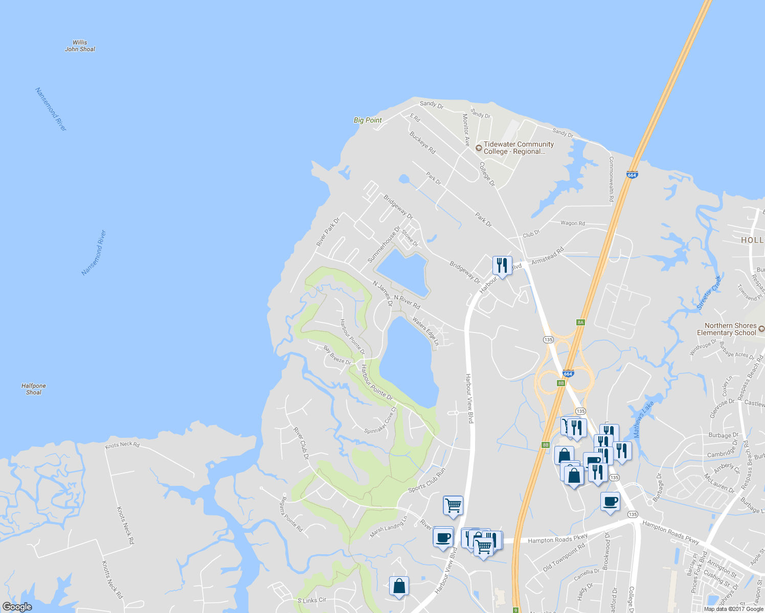 map of restaurants, bars, coffee shops, grocery stores, and more near 9505 North River Road in Suffolk