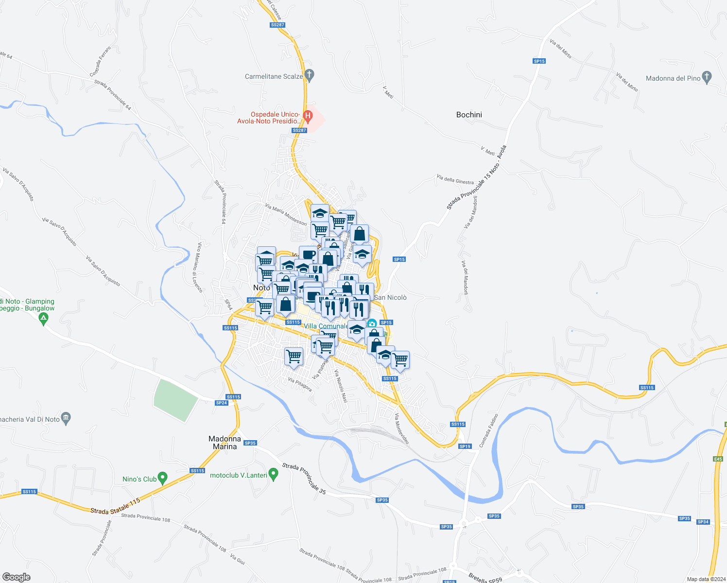 map of restaurants, bars, coffee shops, grocery stores, and more near Via Ascenso Mauceri in Noto