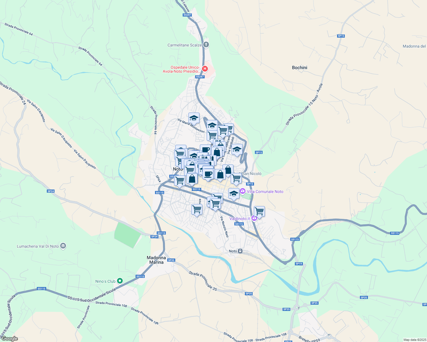 map of restaurants, bars, coffee shops, grocery stores, and more near 50 Via Camillo Benso Cavour in Noto