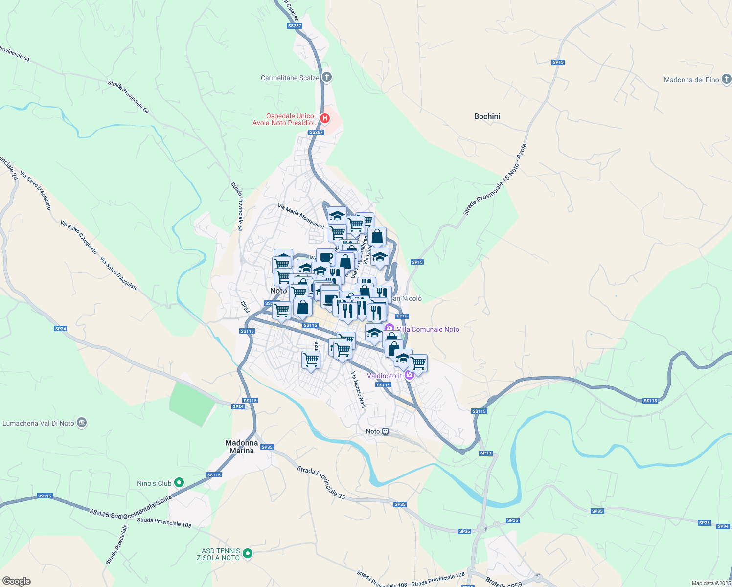 map of restaurants, bars, coffee shops, grocery stores, and more near Via Ascenso Mauceri in Noto