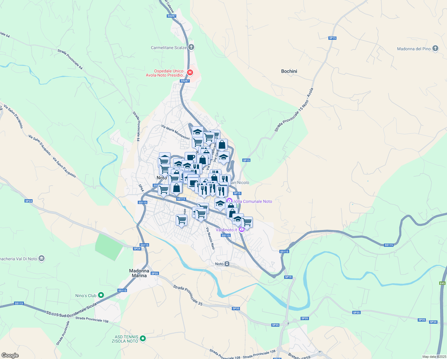 map of restaurants, bars, coffee shops, grocery stores, and more near Via Ascenso Mauceri in Noto