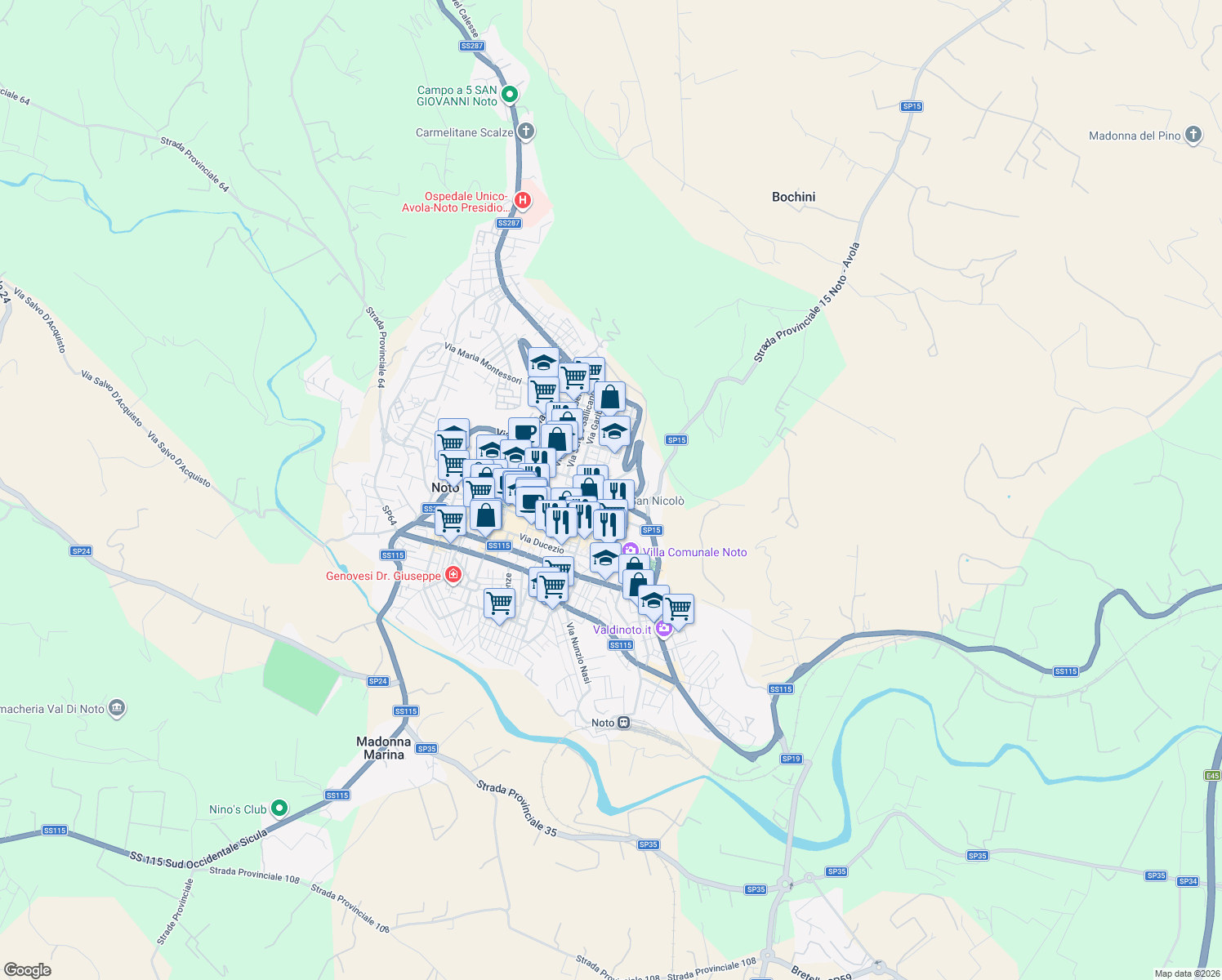 map of restaurants, bars, coffee shops, grocery stores, and more near Via Ascenso Mauceri in Noto