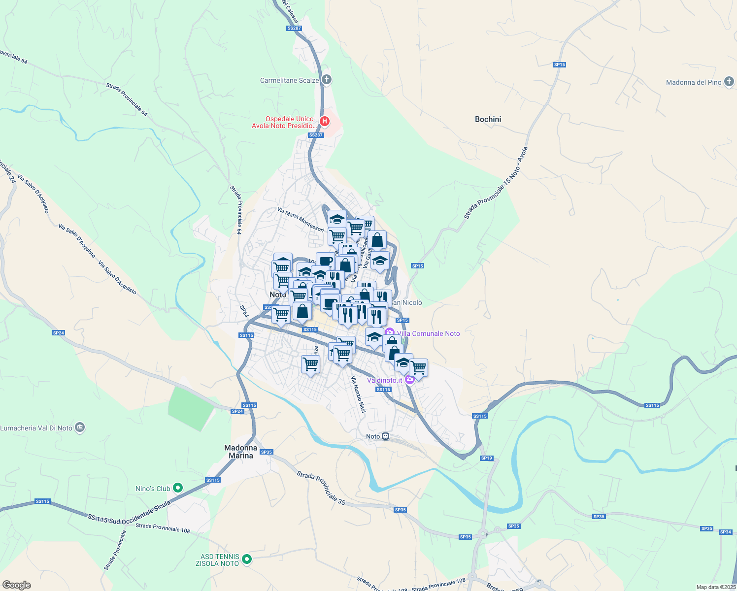 map of restaurants, bars, coffee shops, grocery stores, and more near Via Ascenso Mauceri in Noto