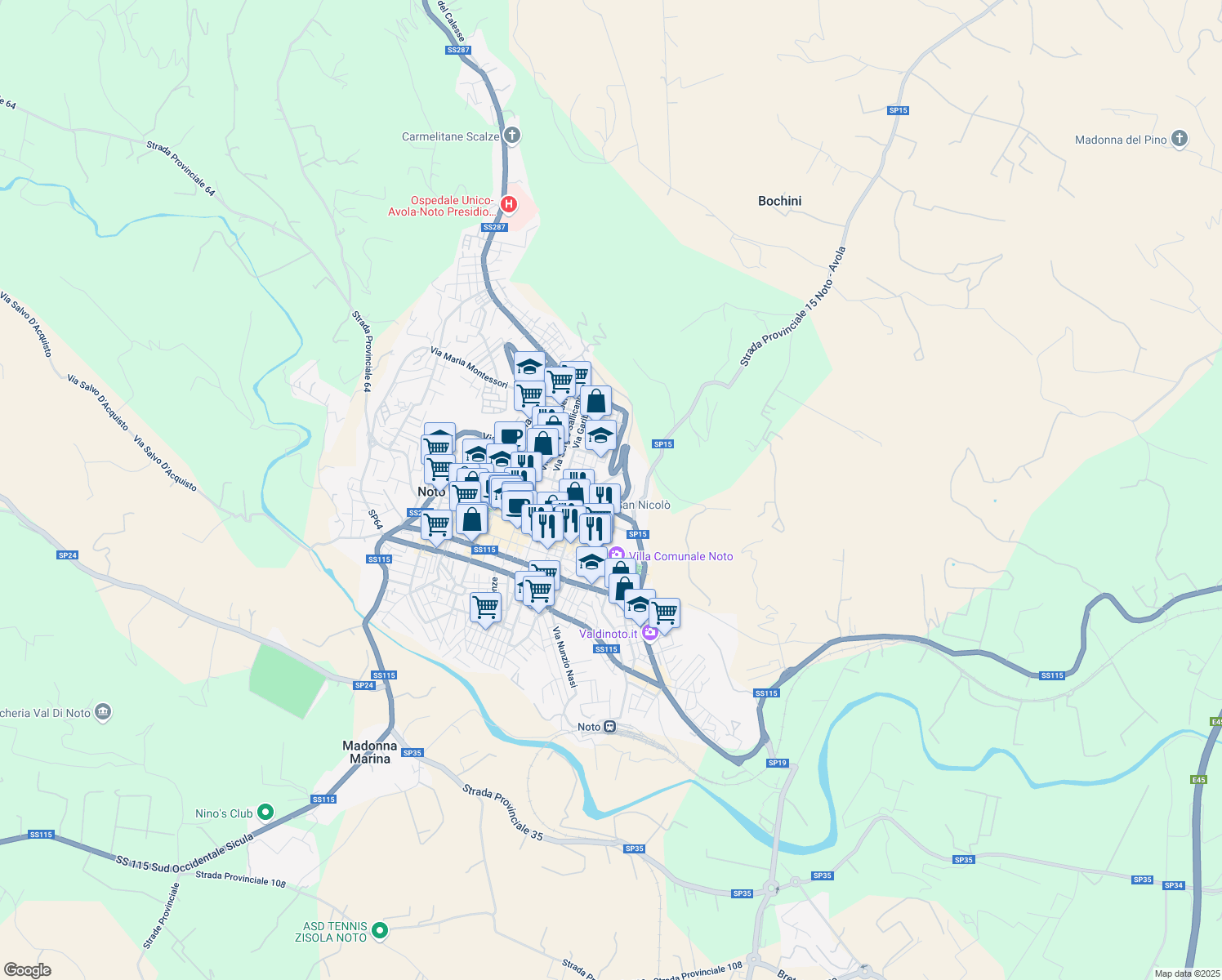 map of restaurants, bars, coffee shops, grocery stores, and more near Via Rapisardi in Noto