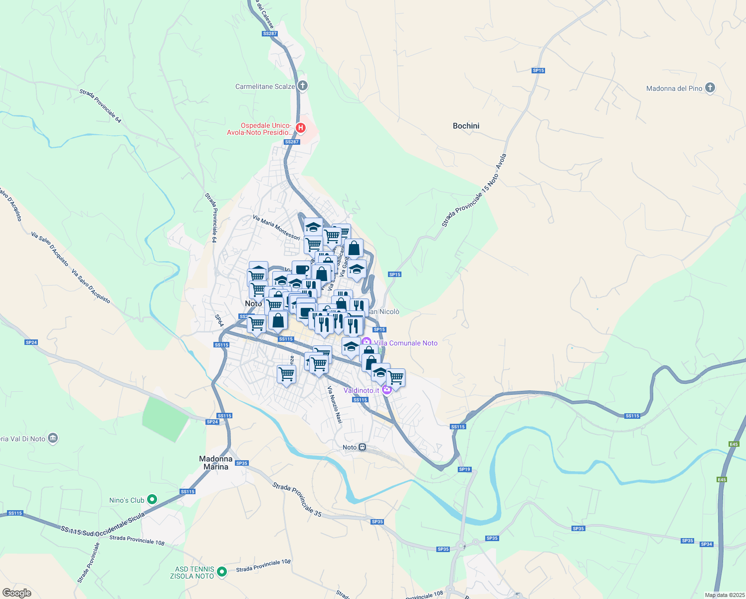 map of restaurants, bars, coffee shops, grocery stores, and more near Via Rapisardi in Noto