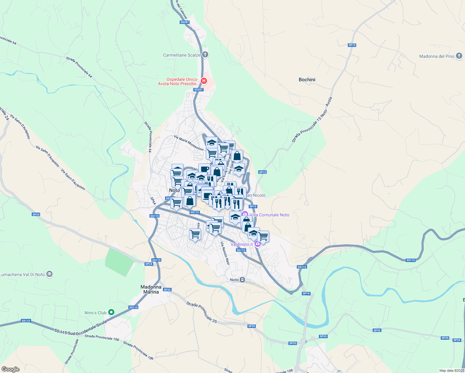 map of restaurants, bars, coffee shops, grocery stores, and more near Via Ascenso Mauceri in Noto