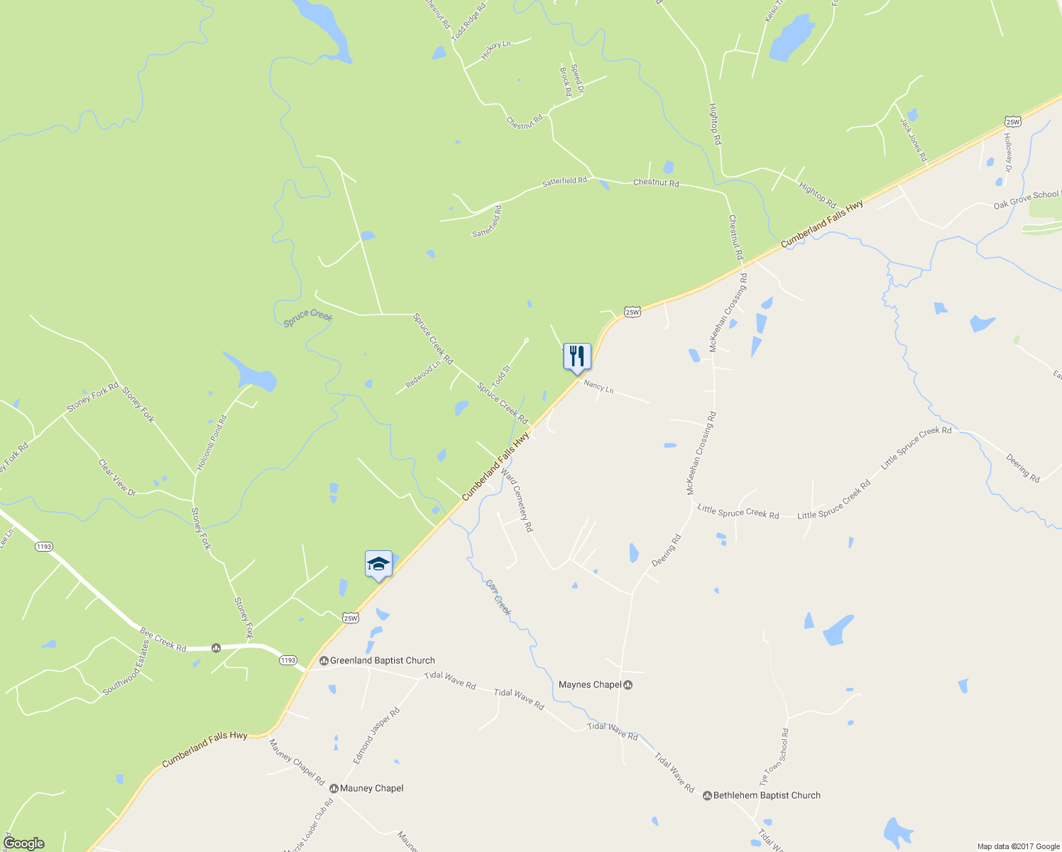 map of restaurants, bars, coffee shops, grocery stores, and more near 880 Spruce Creek Road in Corbin