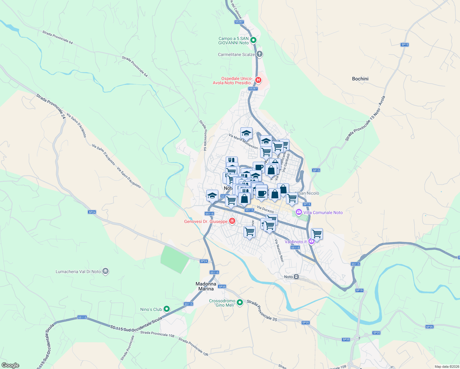 map of restaurants, bars, coffee shops, grocery stores, and more near 17 Via Tommaso Fazello in Noto