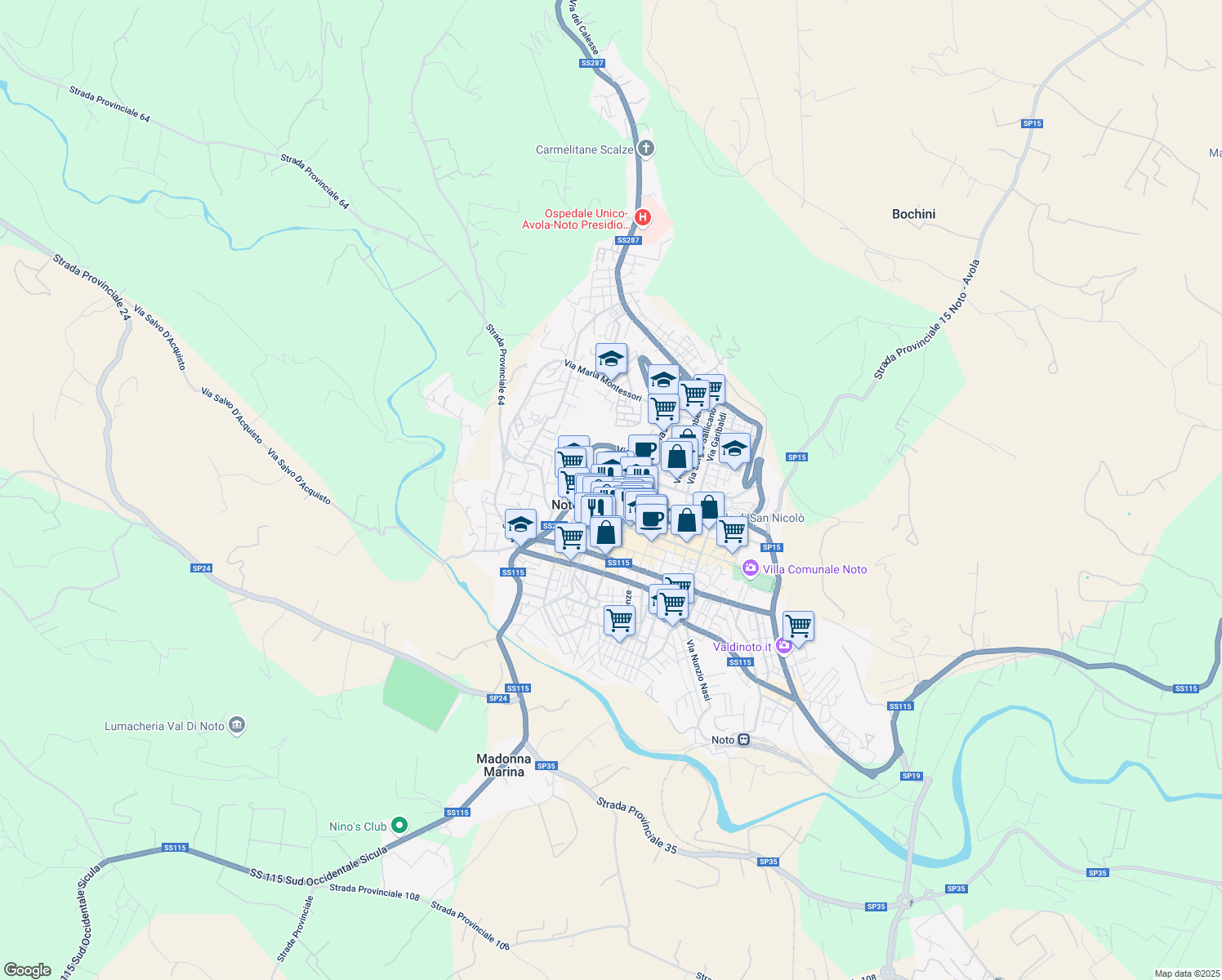 map of restaurants, bars, coffee shops, grocery stores, and more near 1 Via Camillo Benso Conte di Cavour in Noto