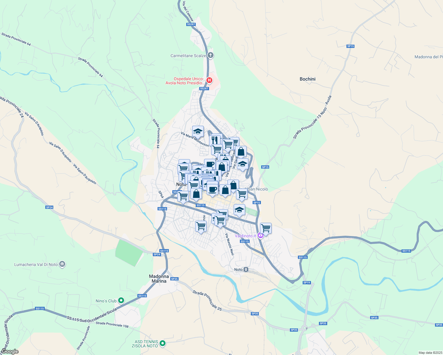 map of restaurants, bars, coffee shops, grocery stores, and more near 7 Via Bernardino Grimaldi in Noto