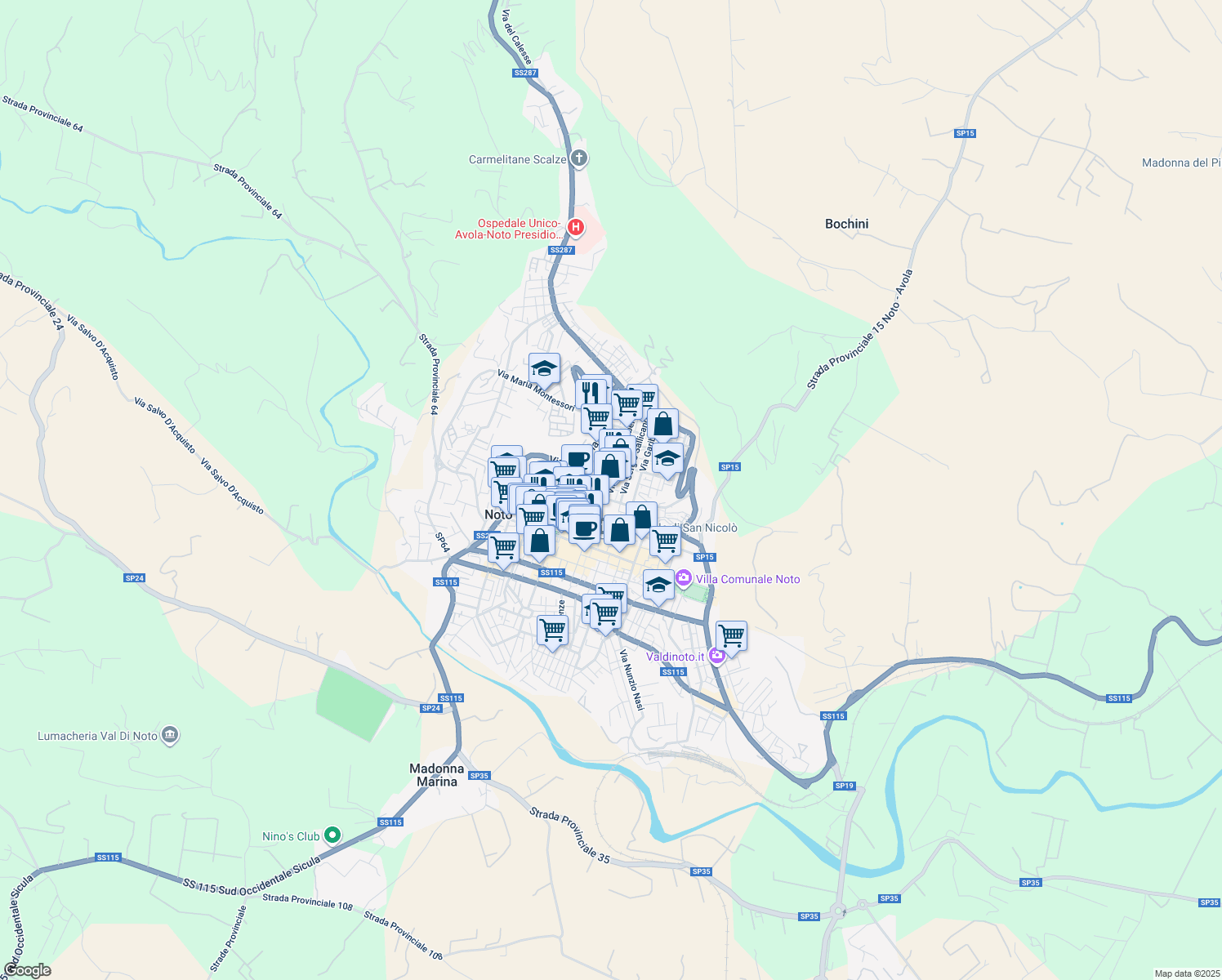 map of restaurants, bars, coffee shops, grocery stores, and more near 7 Via Grimaldi Bernardino in Noto