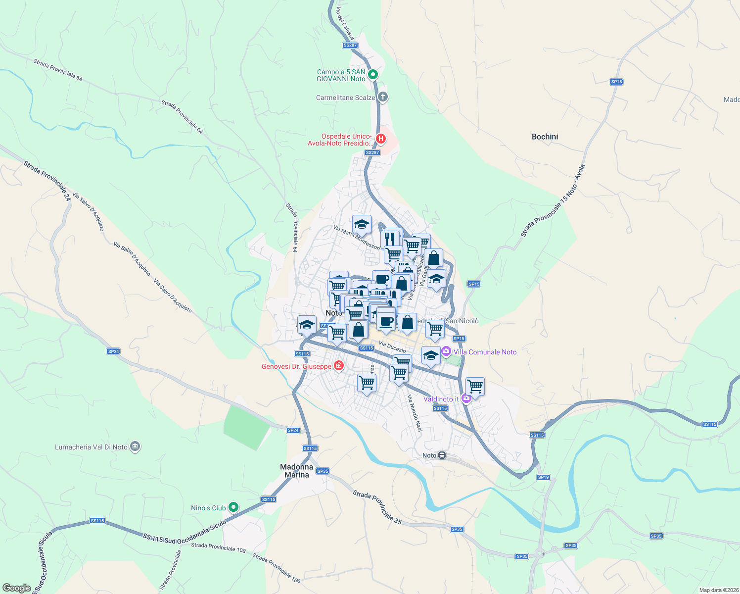 map of restaurants, bars, coffee shops, grocery stores, and more near Ronco Antonino Sbach in Noto