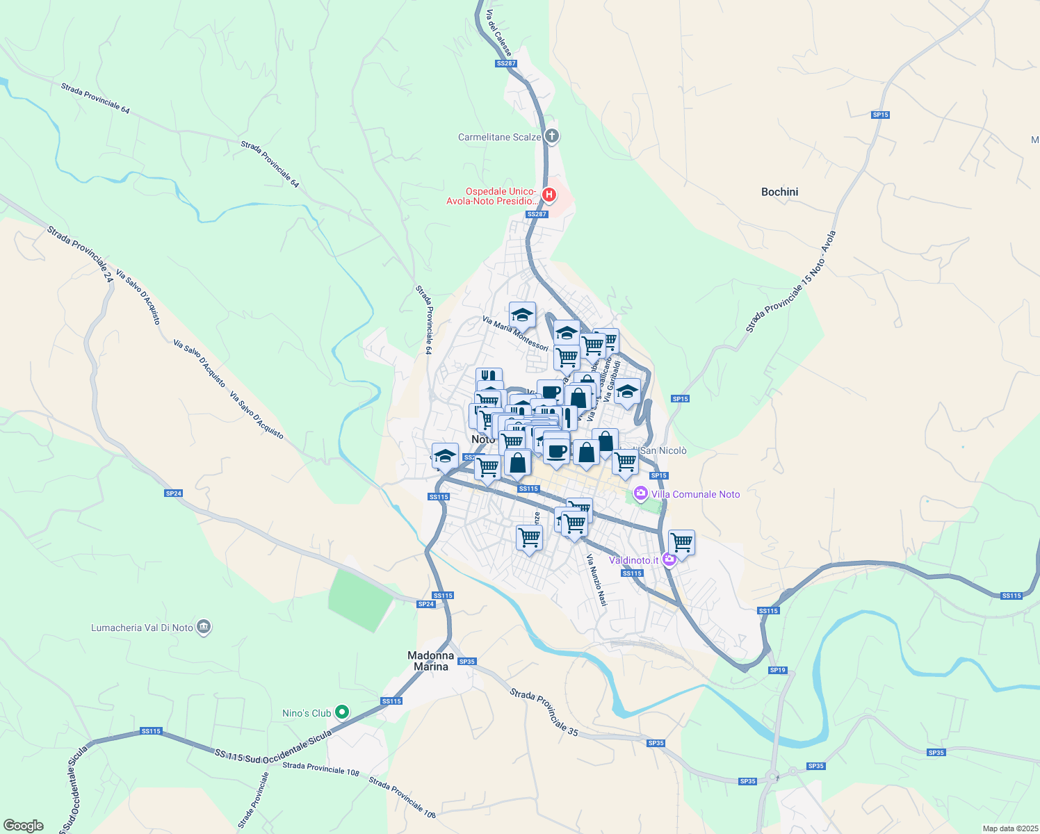 map of restaurants, bars, coffee shops, grocery stores, and more near 8 Vicolo Bonfanti in Noto
