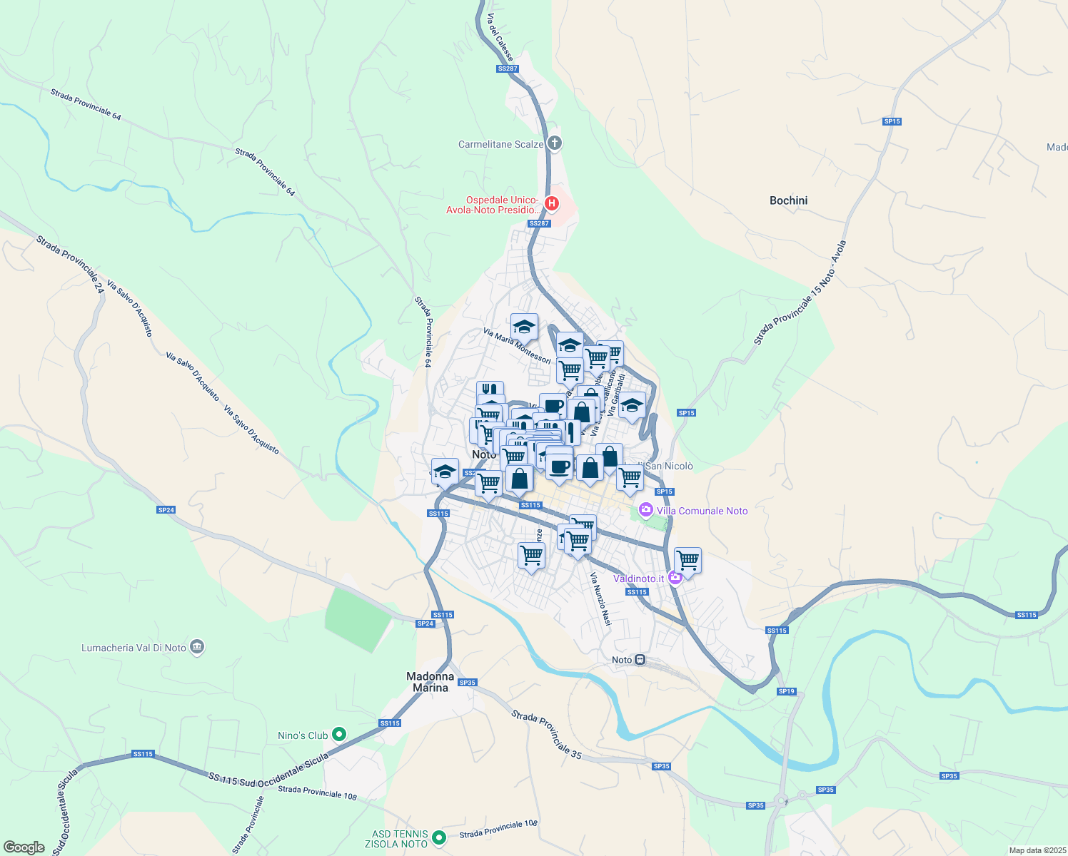 map of restaurants, bars, coffee shops, grocery stores, and more near 8 Vicolo Bonfanti in Noto