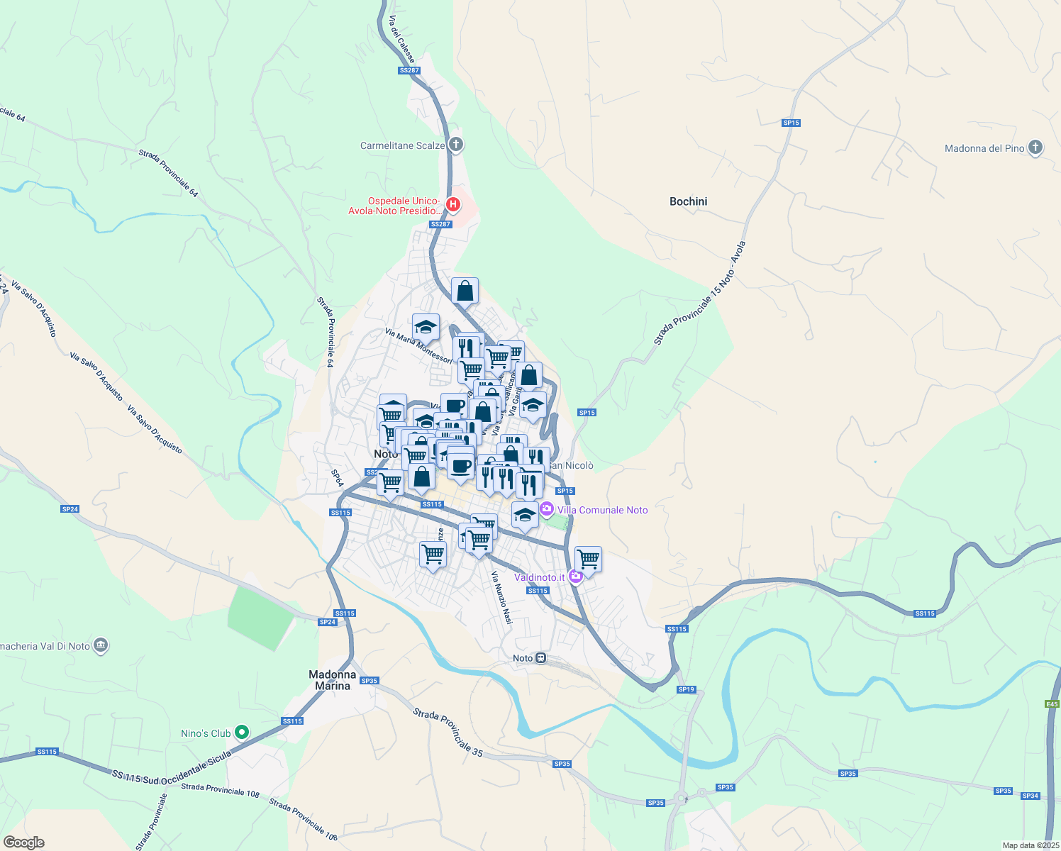 map of restaurants, bars, coffee shops, grocery stores, and more near 14 Piazza Francesco Crispi in Noto