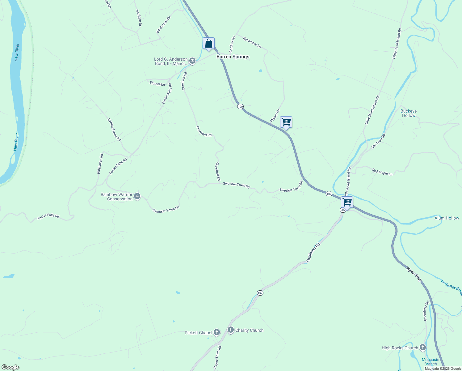 map of restaurants, bars, coffee shops, grocery stores, and more near 1500-1798 Swecker Town Road in Barren Springs