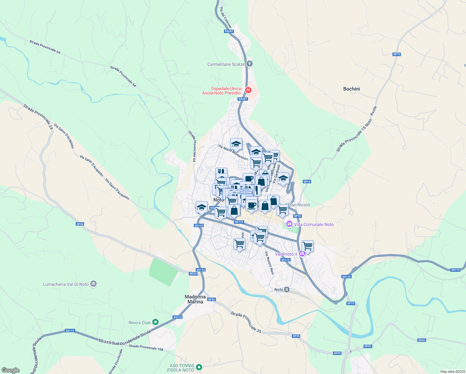 map of restaurants, bars, coffee shops, grocery stores, and more near 8 Vico Lucio Bonfanti in Noto