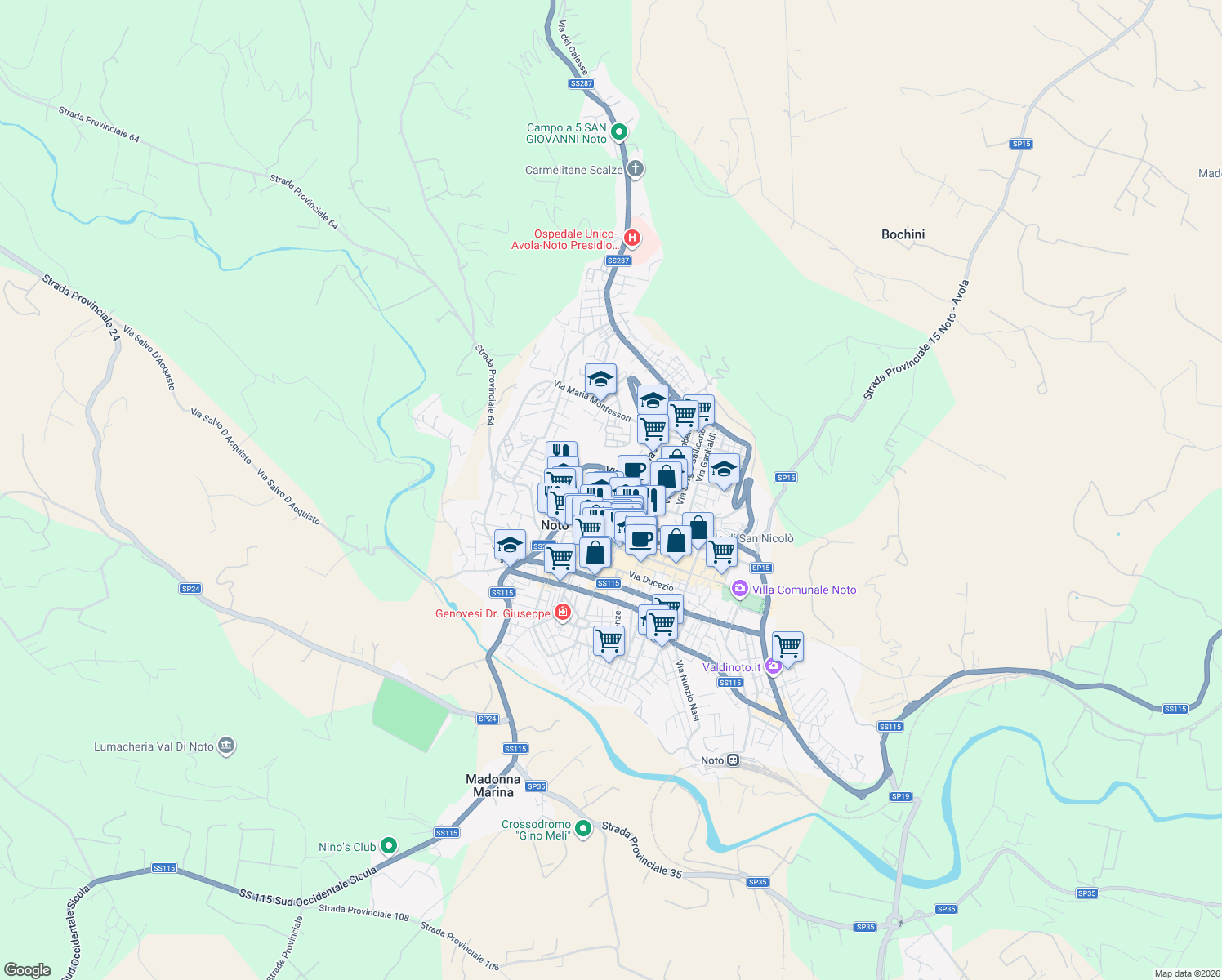 map of restaurants, bars, coffee shops, grocery stores, and more near 8 Vicolo Bonfanti in Noto