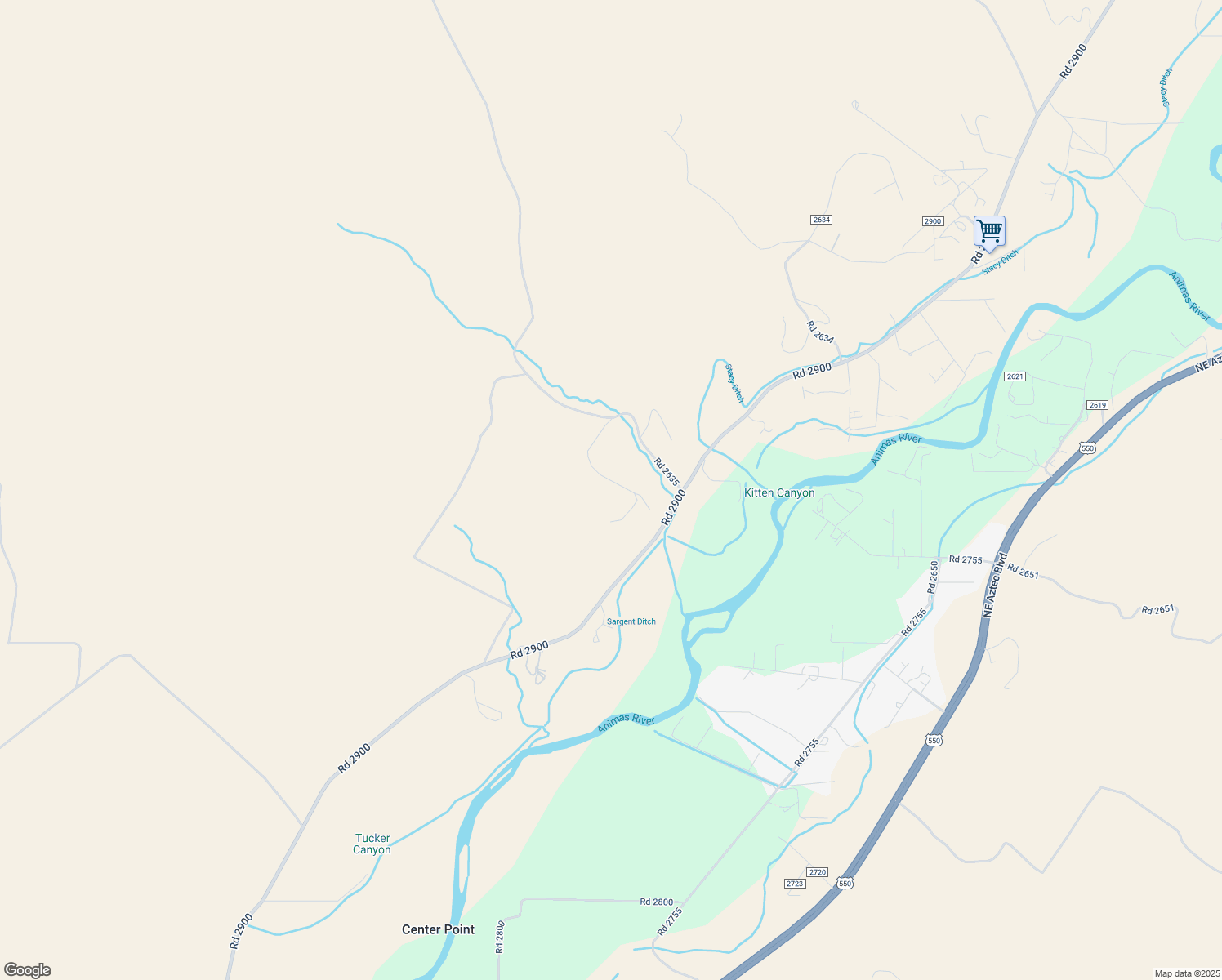 map of restaurants, bars, coffee shops, grocery stores, and more near 64 Road 2635 in Aztec