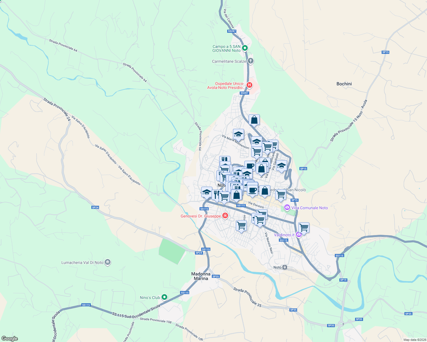 map of restaurants, bars, coffee shops, grocery stores, and more near 40 Via G. Alessi in Noto
