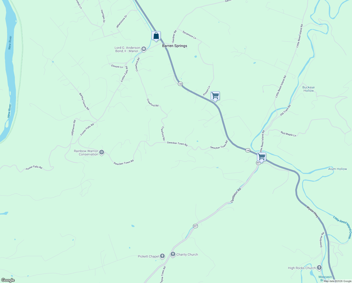 map of restaurants, bars, coffee shops, grocery stores, and more near 1500 Swecker Town Road in Barren Springs