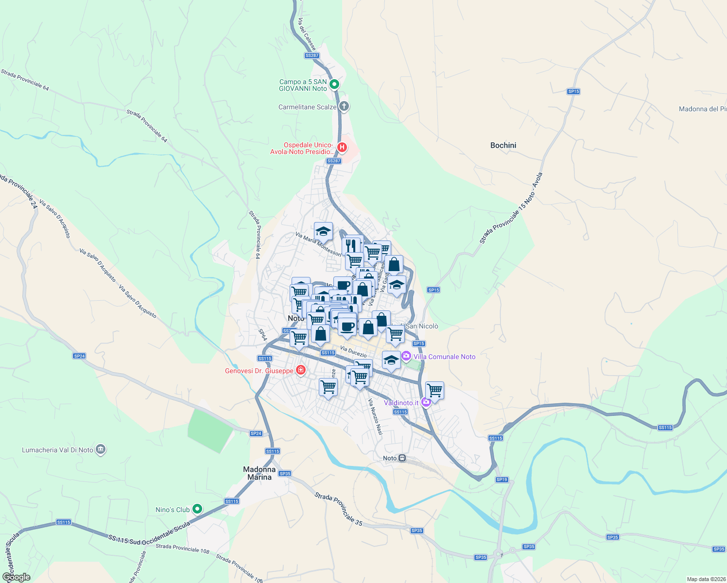 map of restaurants, bars, coffee shops, grocery stores, and more near 7 Via Grimaldi Bernardino in Noto