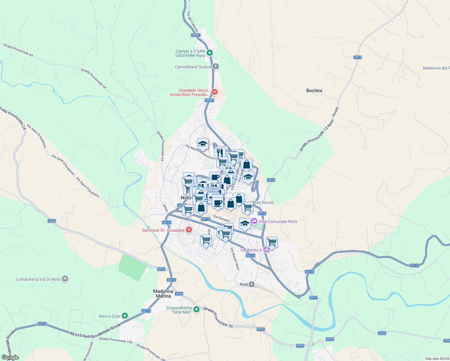 map of restaurants, bars, coffee shops, grocery stores, and more near Via Bernardino Grimaldi in Noto