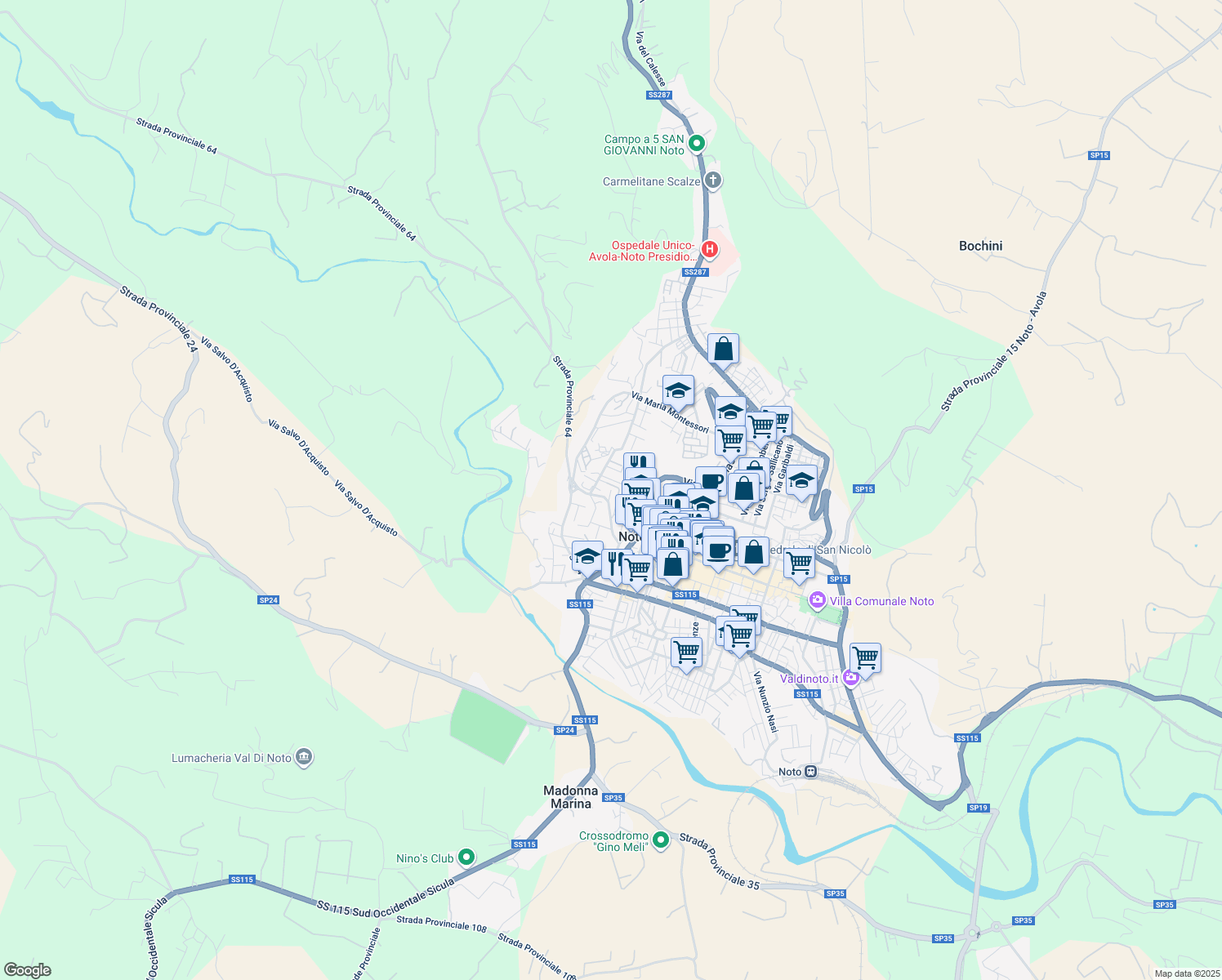 map of restaurants, bars, coffee shops, grocery stores, and more near 40 Via Giuseppe Alessi in Noto