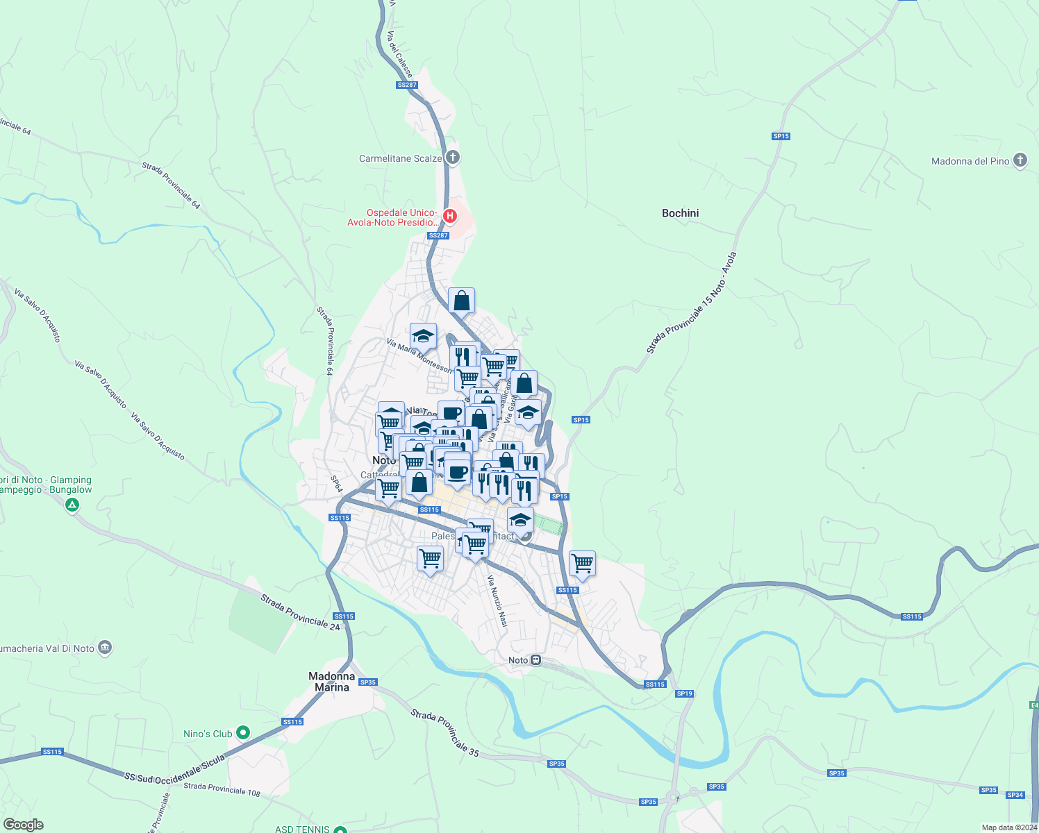 map of restaurants, bars, coffee shops, grocery stores, and more near 12 Via G. Alessi in Noto