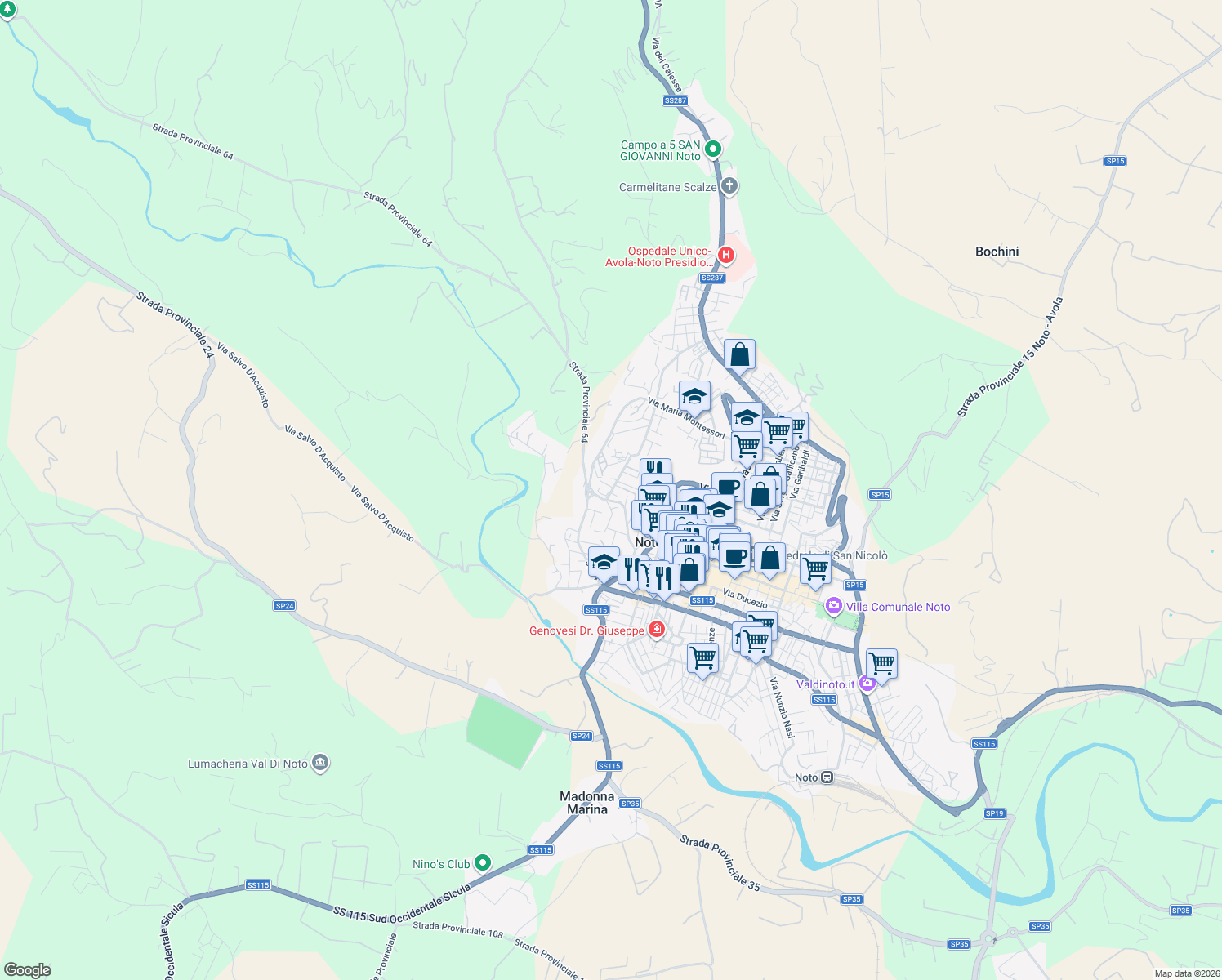 map of restaurants, bars, coffee shops, grocery stores, and more near Ronco S. di Giacomo in Noto