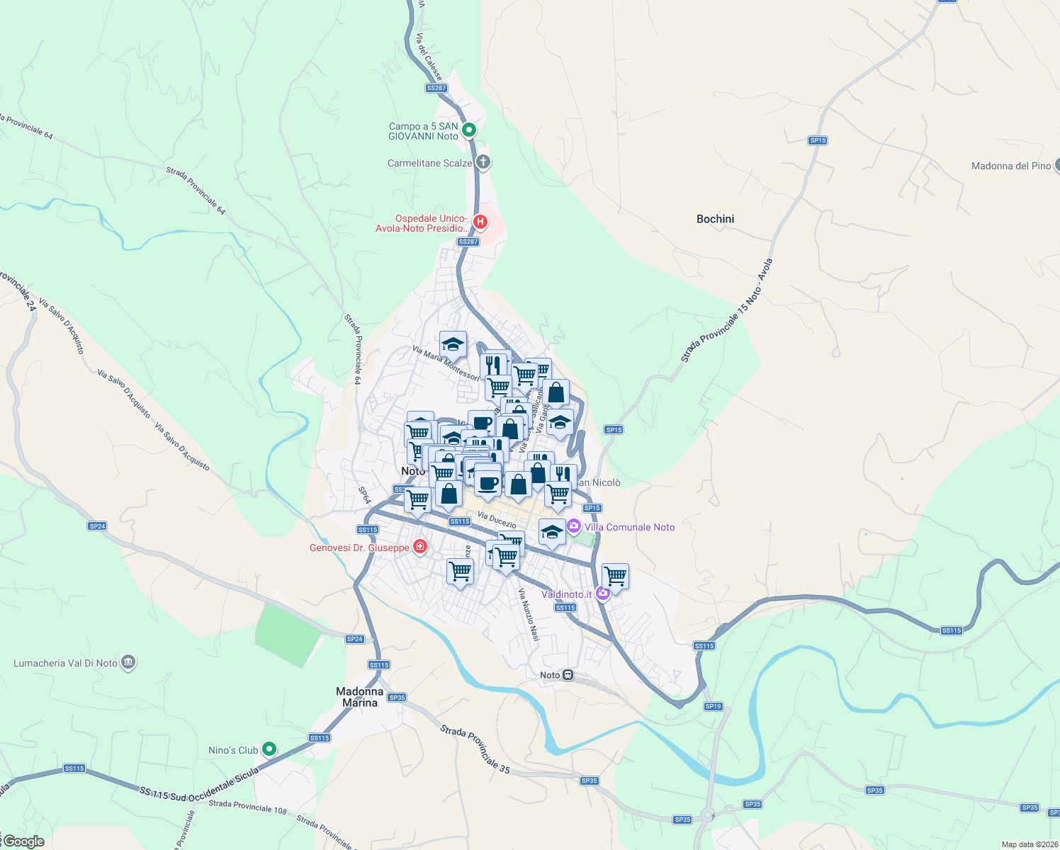 map of restaurants, bars, coffee shops, grocery stores, and more near 22 Via Sergio Sallicano in Noto