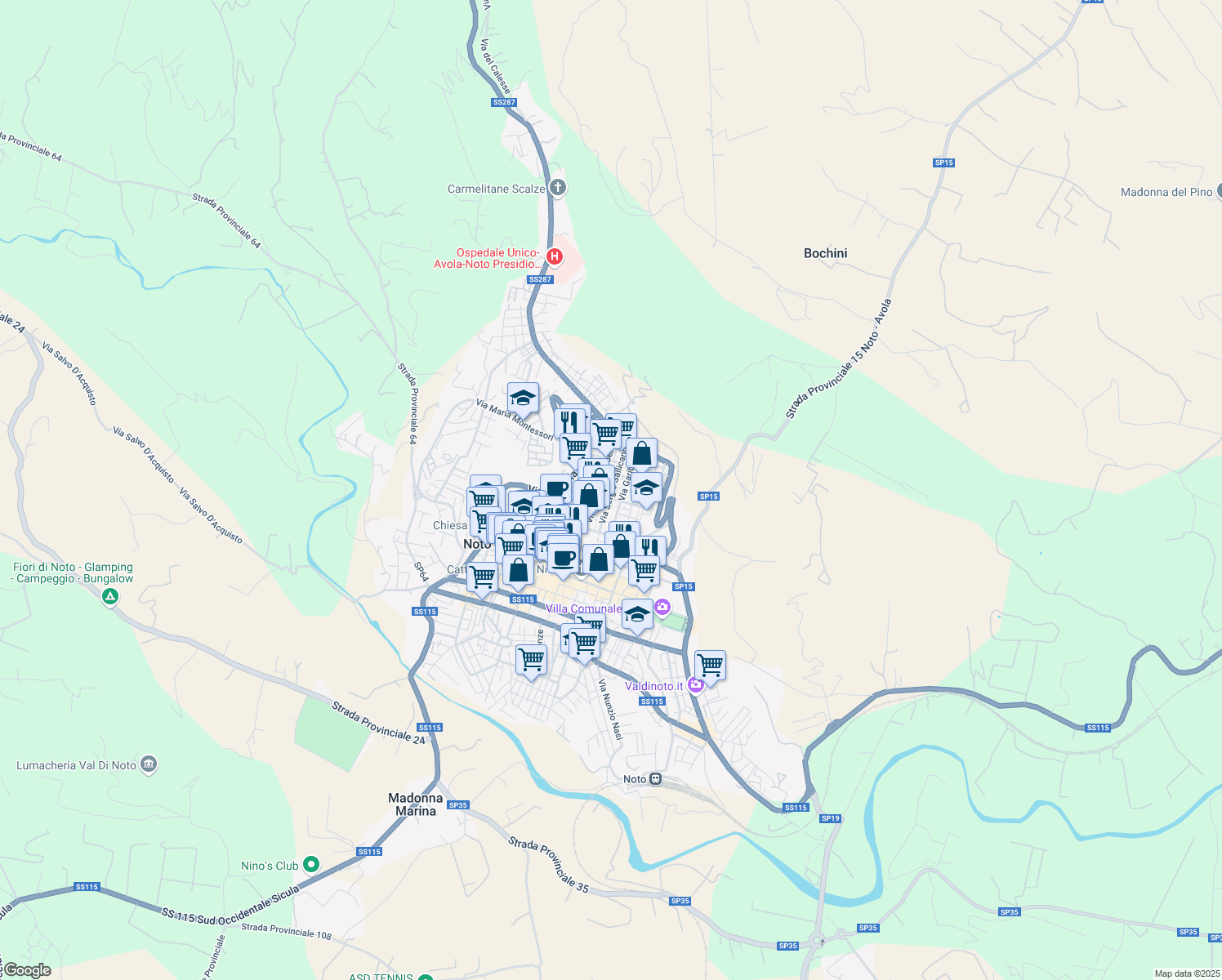 map of restaurants, bars, coffee shops, grocery stores, and more near 22 Via Sergio Sallicano in Noto