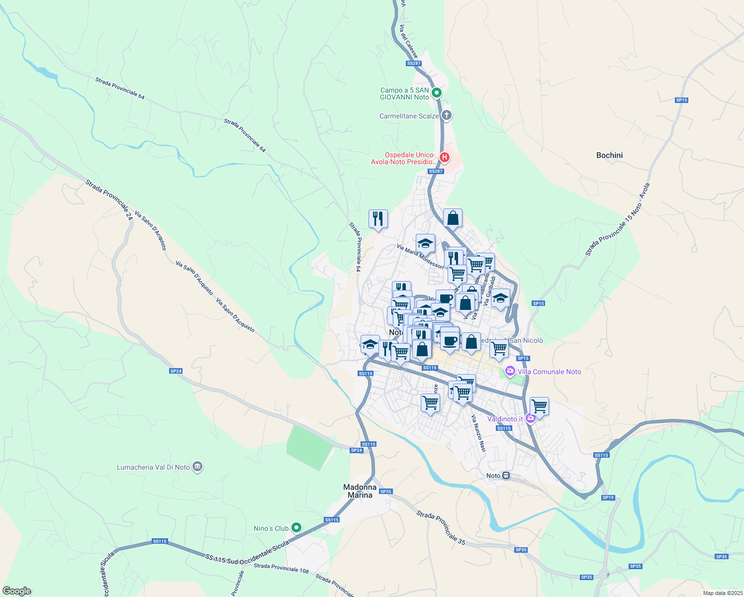 map of restaurants, bars, coffee shops, grocery stores, and more near 4 Via Francesco Giantommaso in Noto