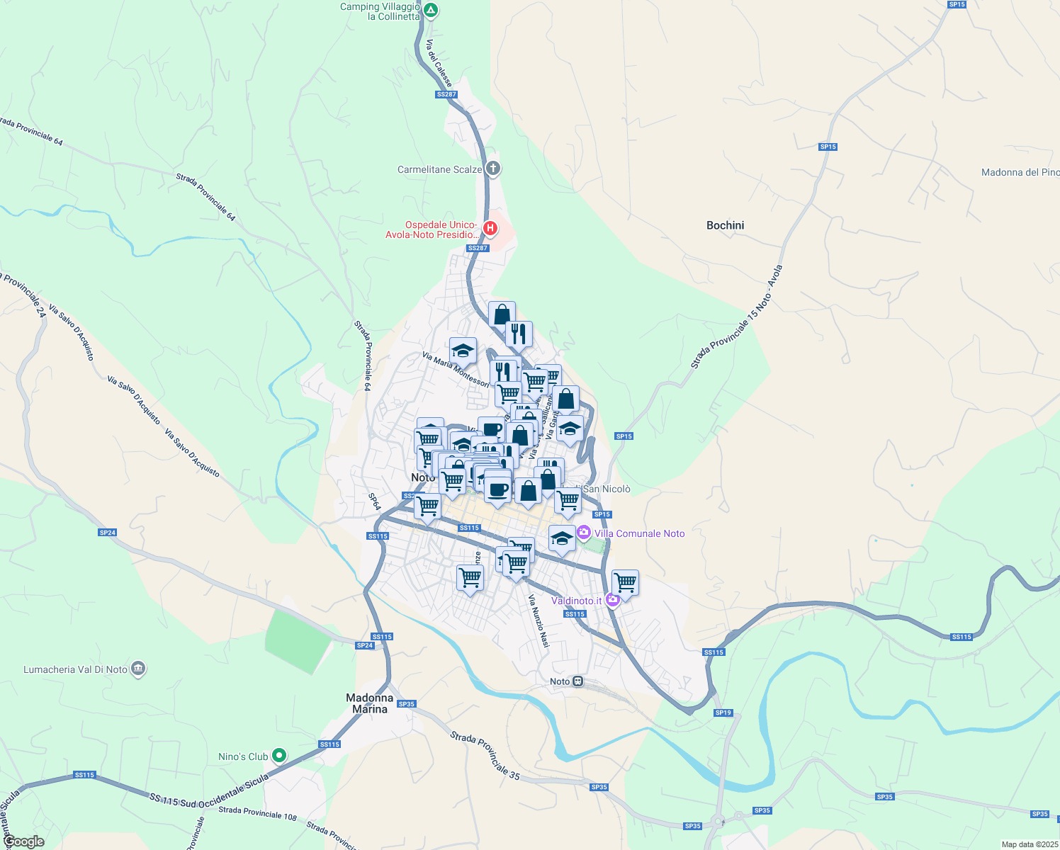 map of restaurants, bars, coffee shops, grocery stores, and more near Via Principe Umberto in Noto