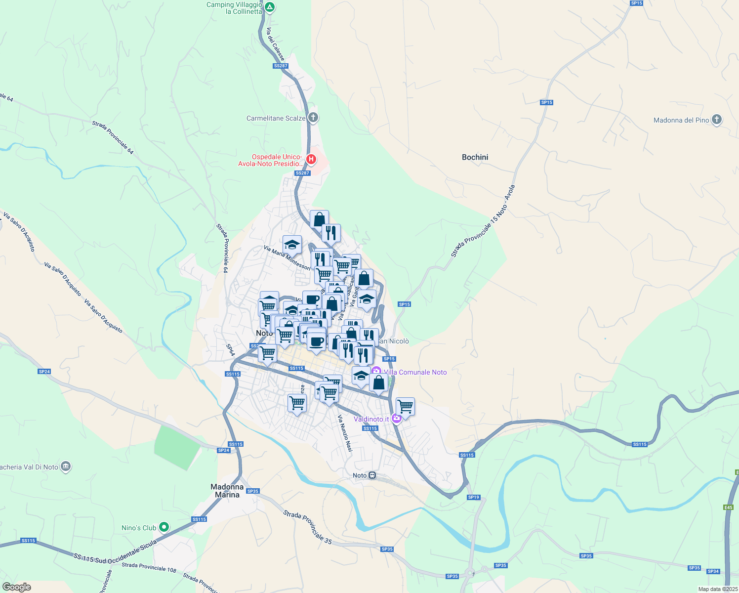 map of restaurants, bars, coffee shops, grocery stores, and more near 38 Via Andrea Barbazio in Noto