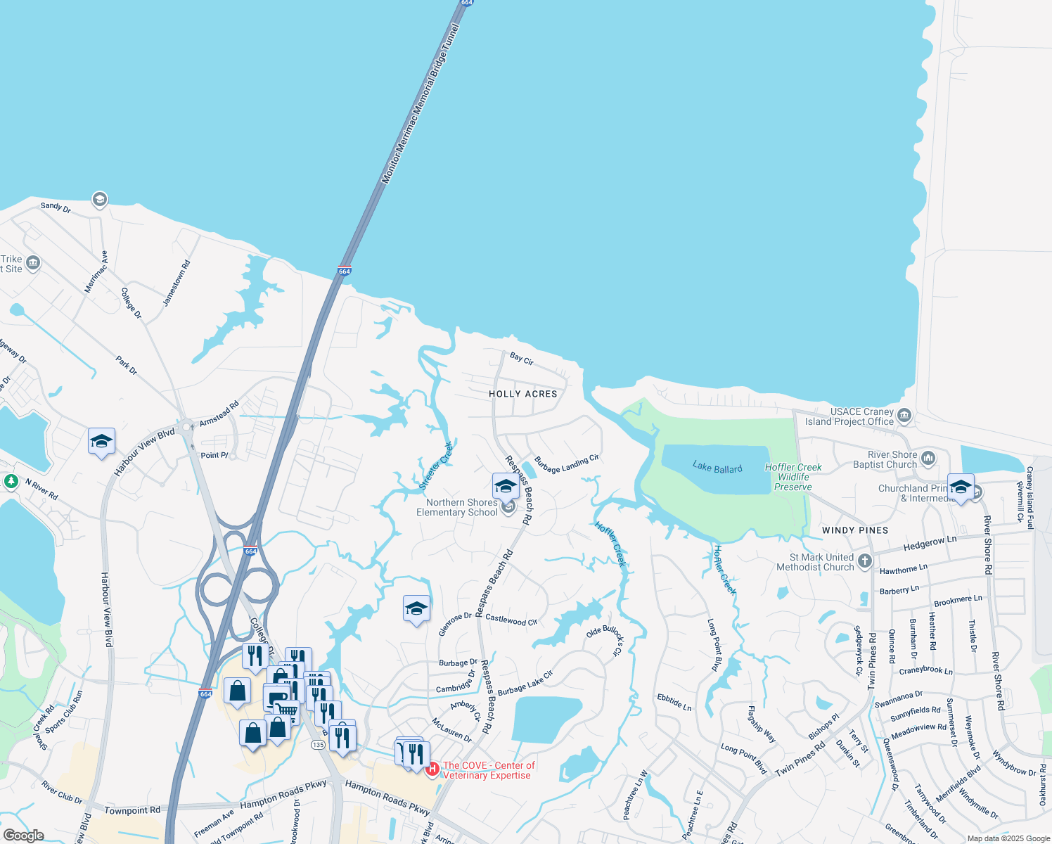 map of restaurants, bars, coffee shops, grocery stores, and more near 5021 Bay Circle in Suffolk