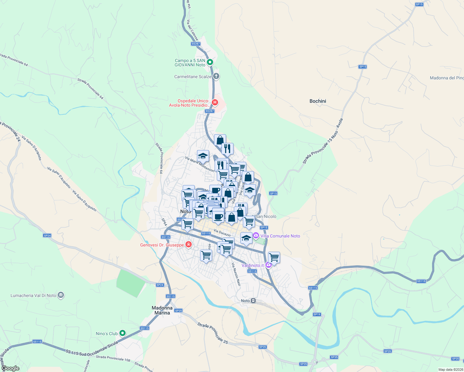 map of restaurants, bars, coffee shops, grocery stores, and more near Vico Milazzo in Noto